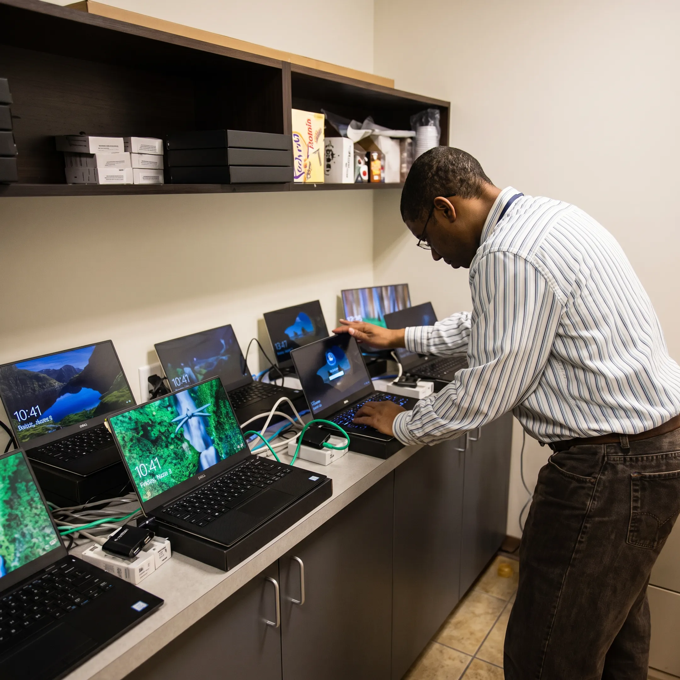 Technician configuring connected business network equipment