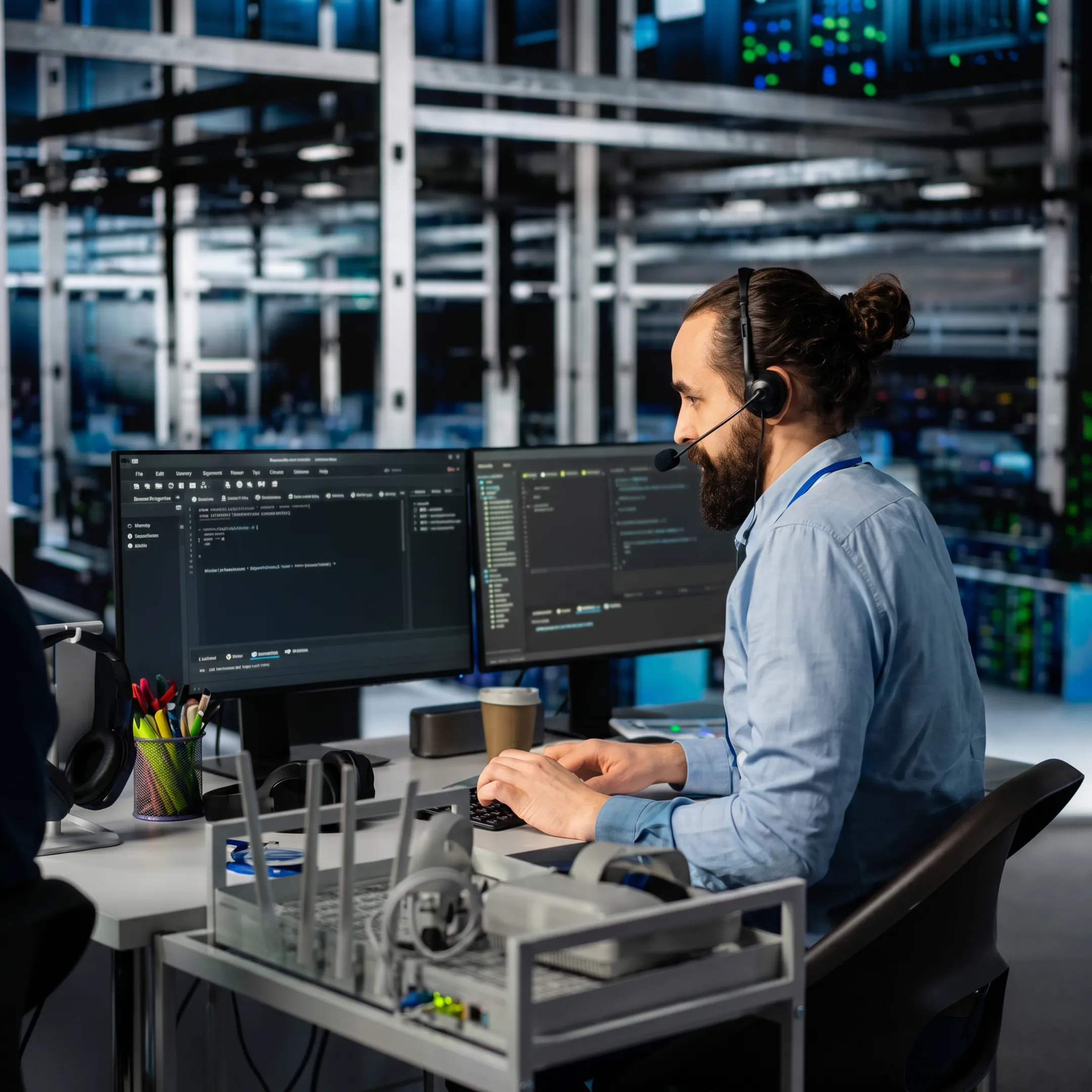 IT technician monitoring business systems in a modern office