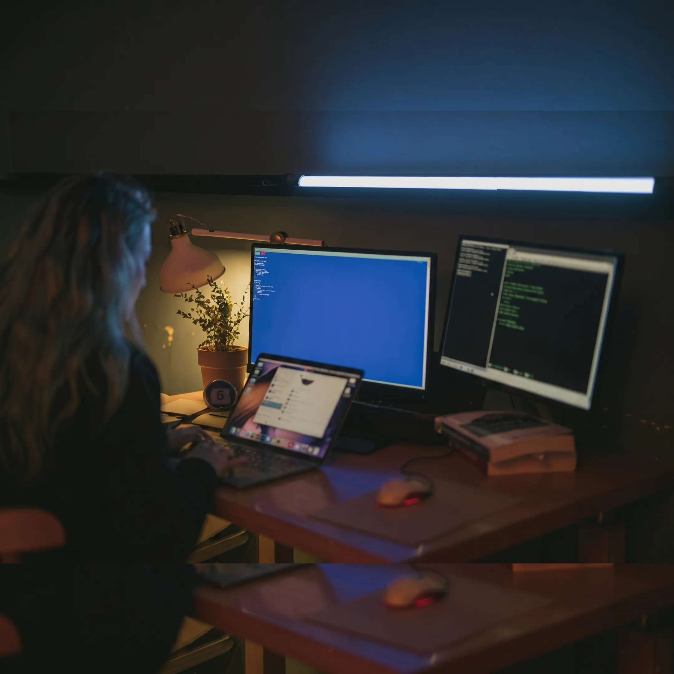 Technician monitoring business computer systems