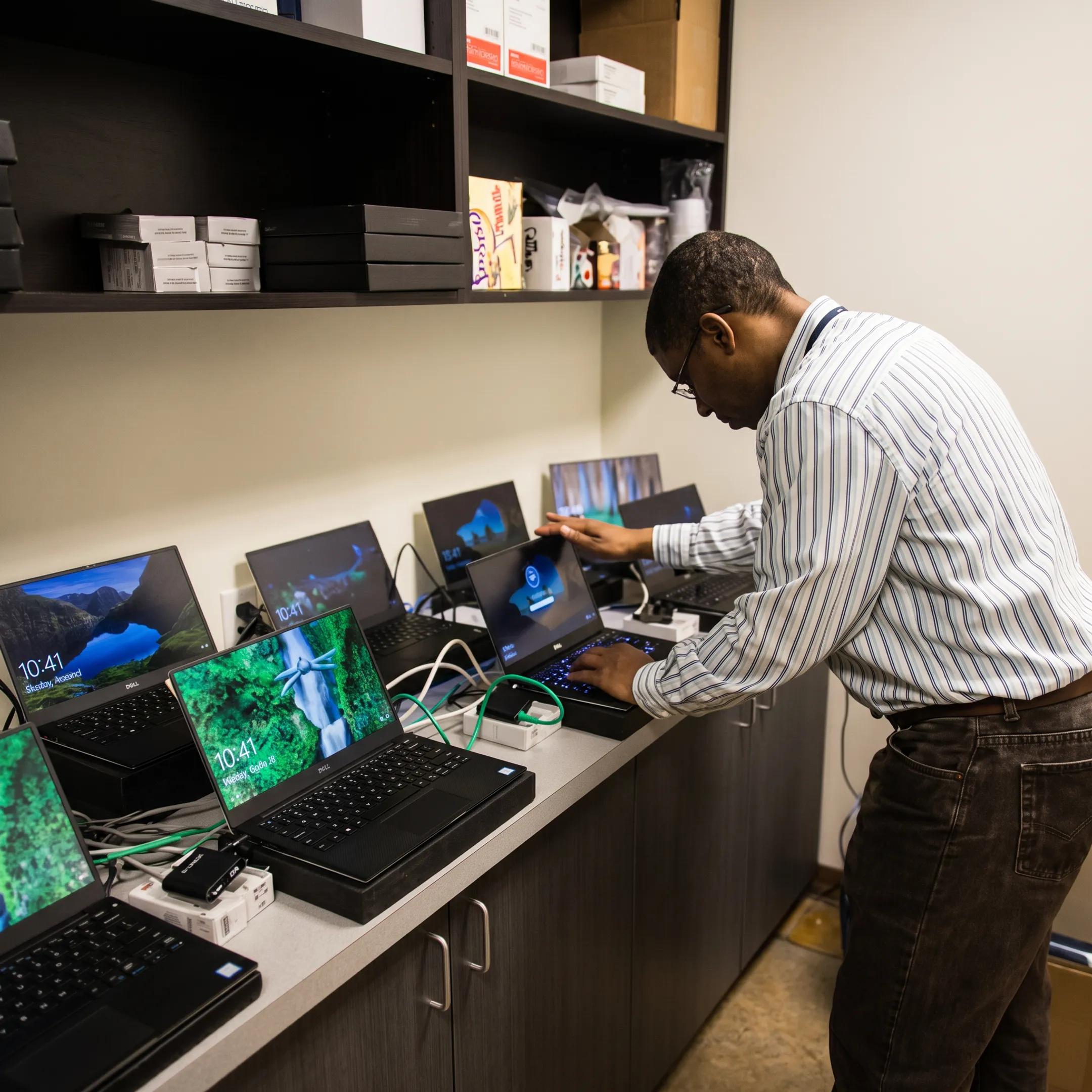 IT professional reviewing installation plan with business client