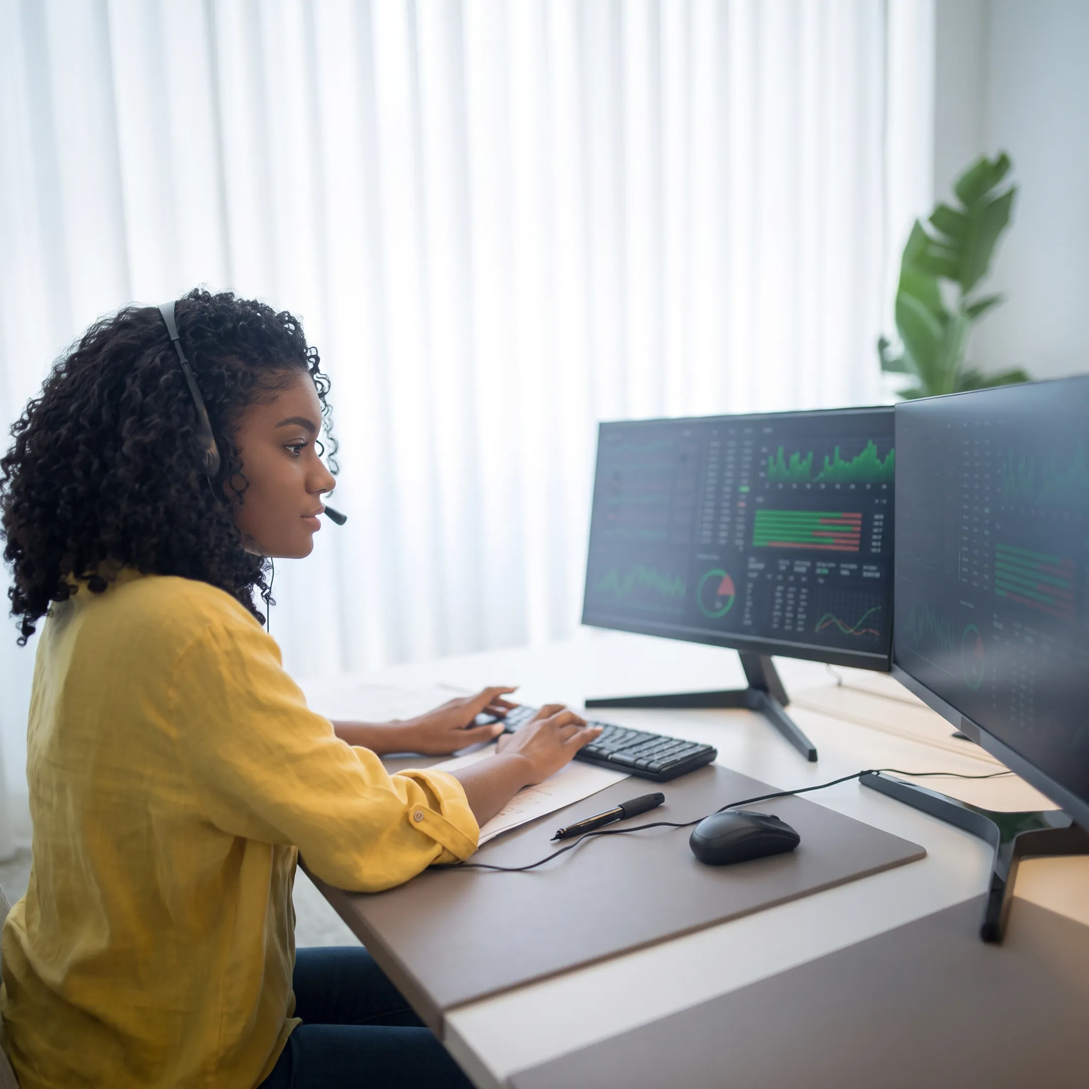 Technician monitoring business IT systems on multiple screens