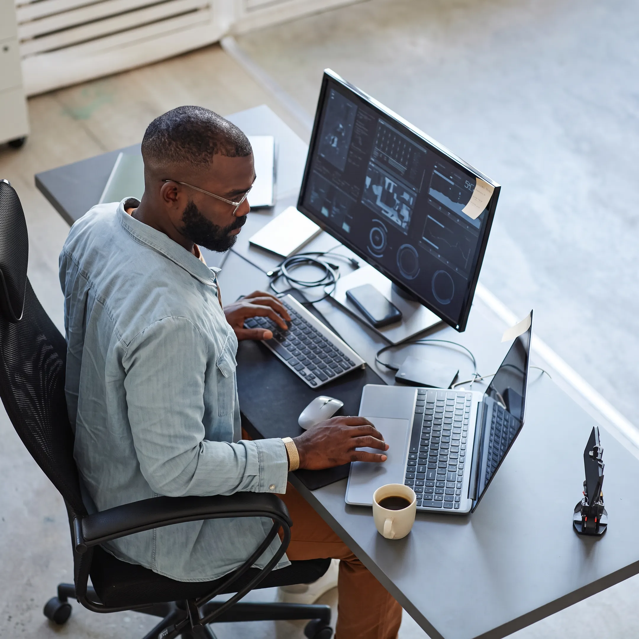 Technician monitoring a secure business wireless network
