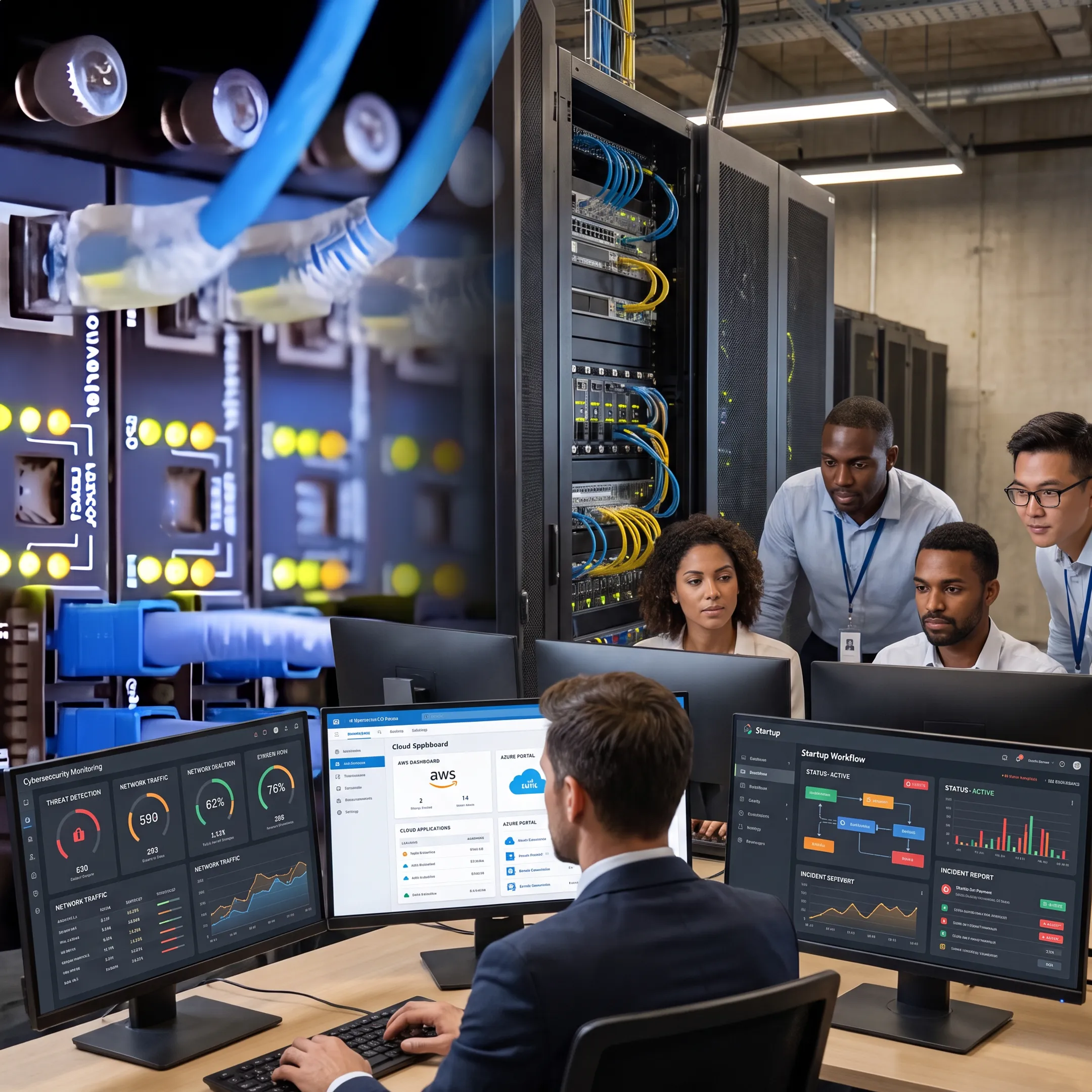 IT specialists collaborating with a startup team in a modern office