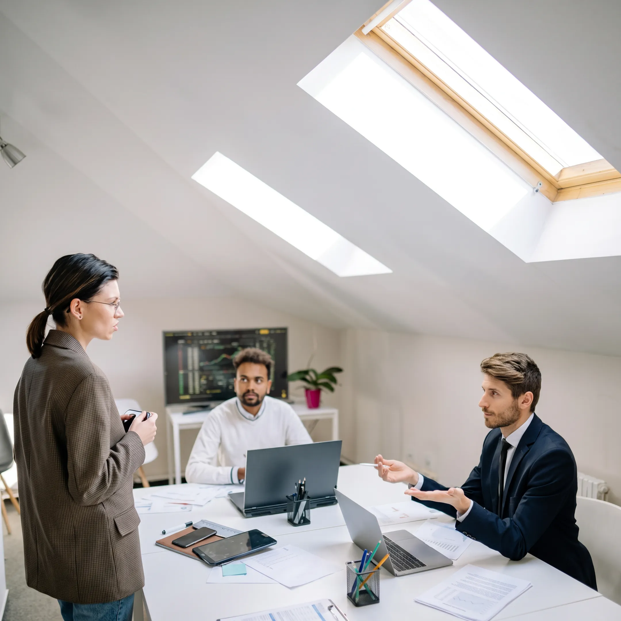 IT specialists reviewing a business network design on multiple monitors