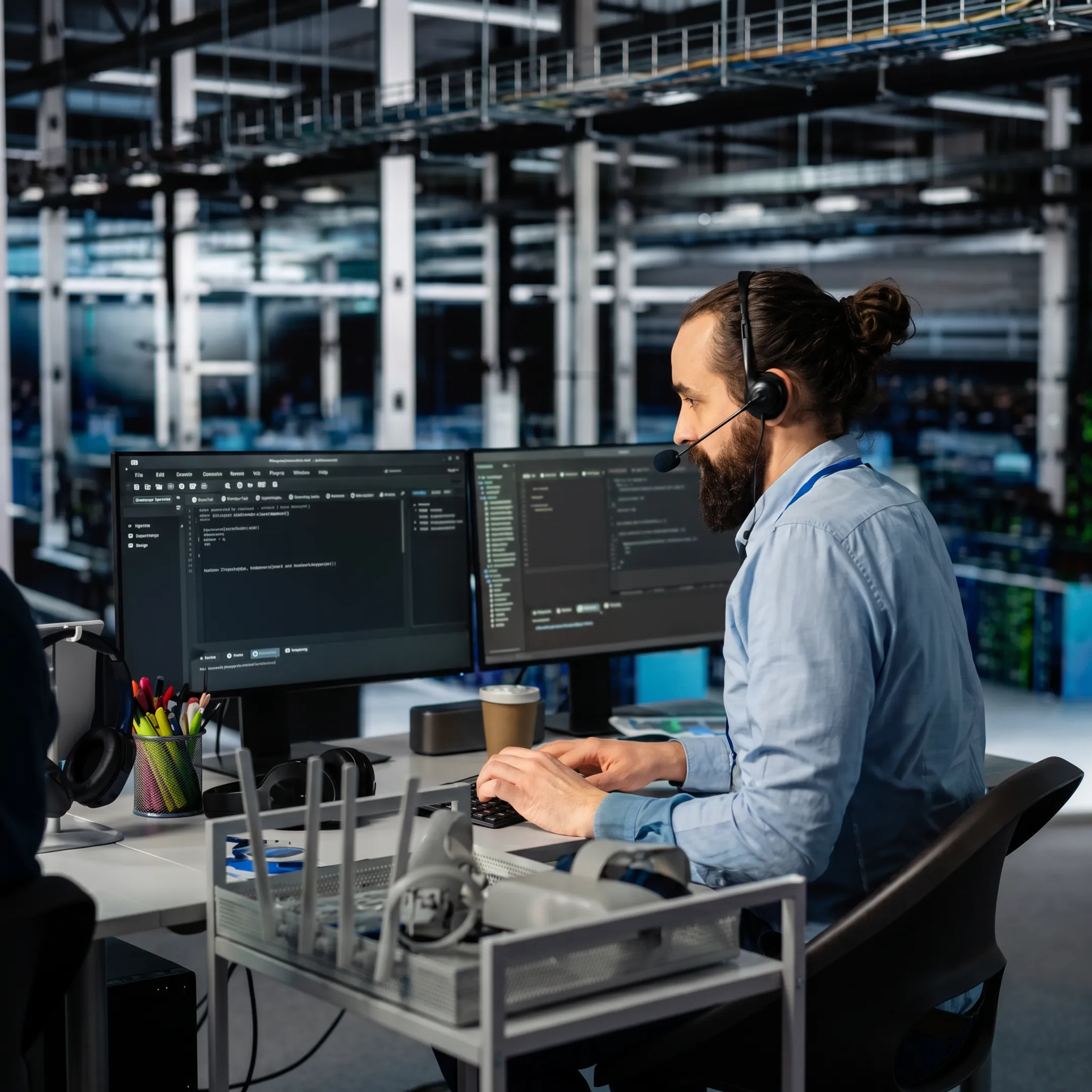 Technician troubleshooting business technology