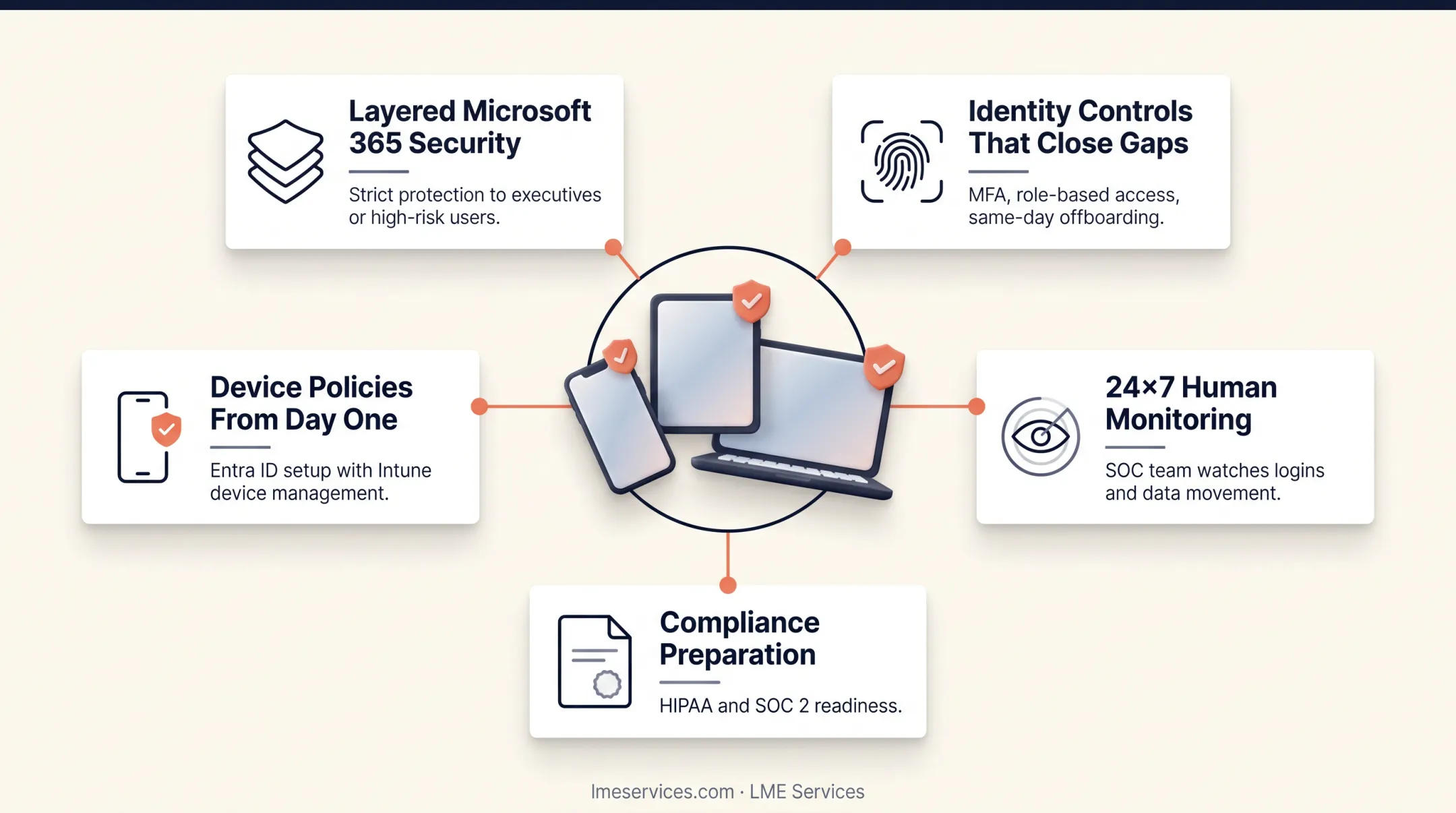 Managed IT security dashboard monitoring device logins and mailbox alerts
