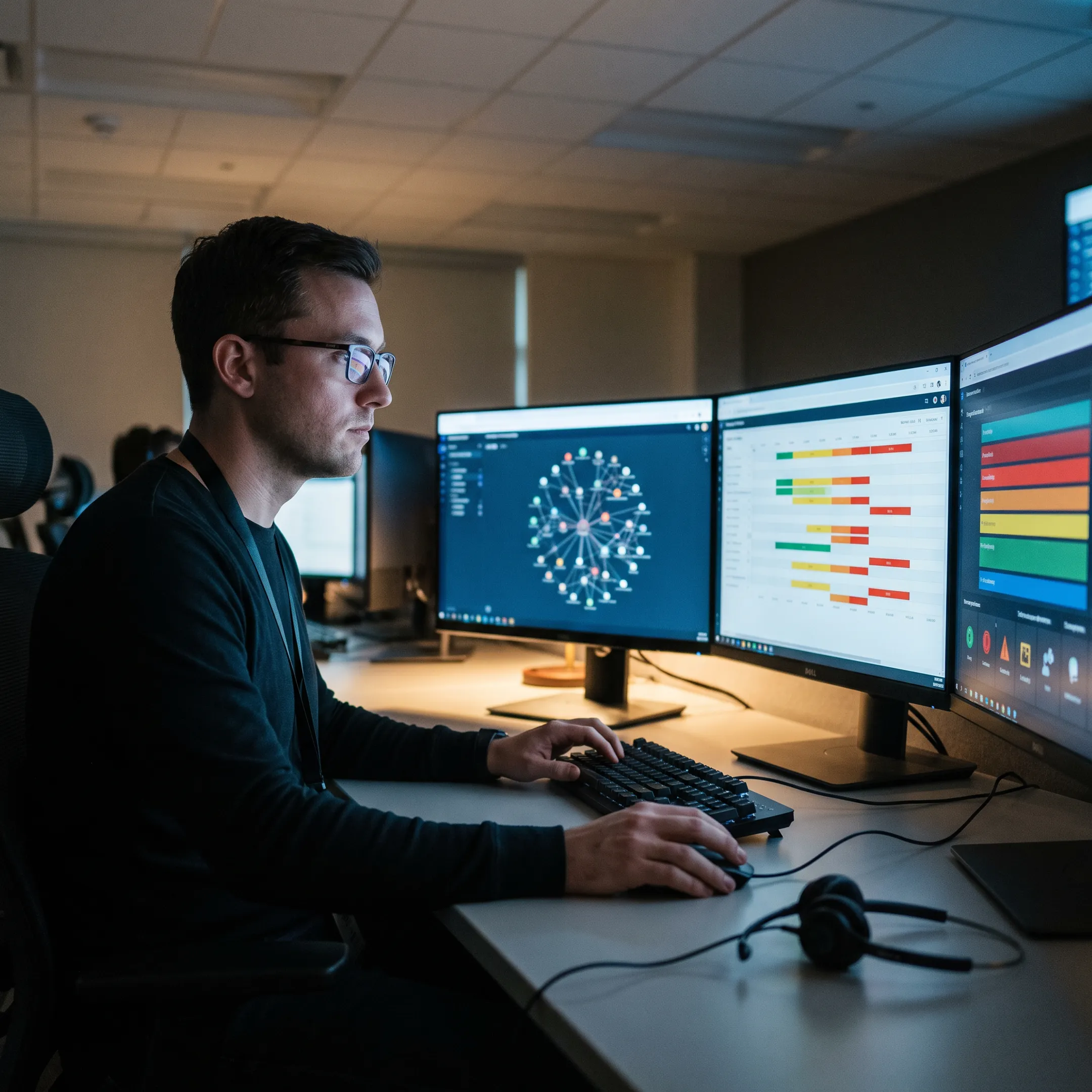 Analyst reviewing managed SIEM alerts and security events