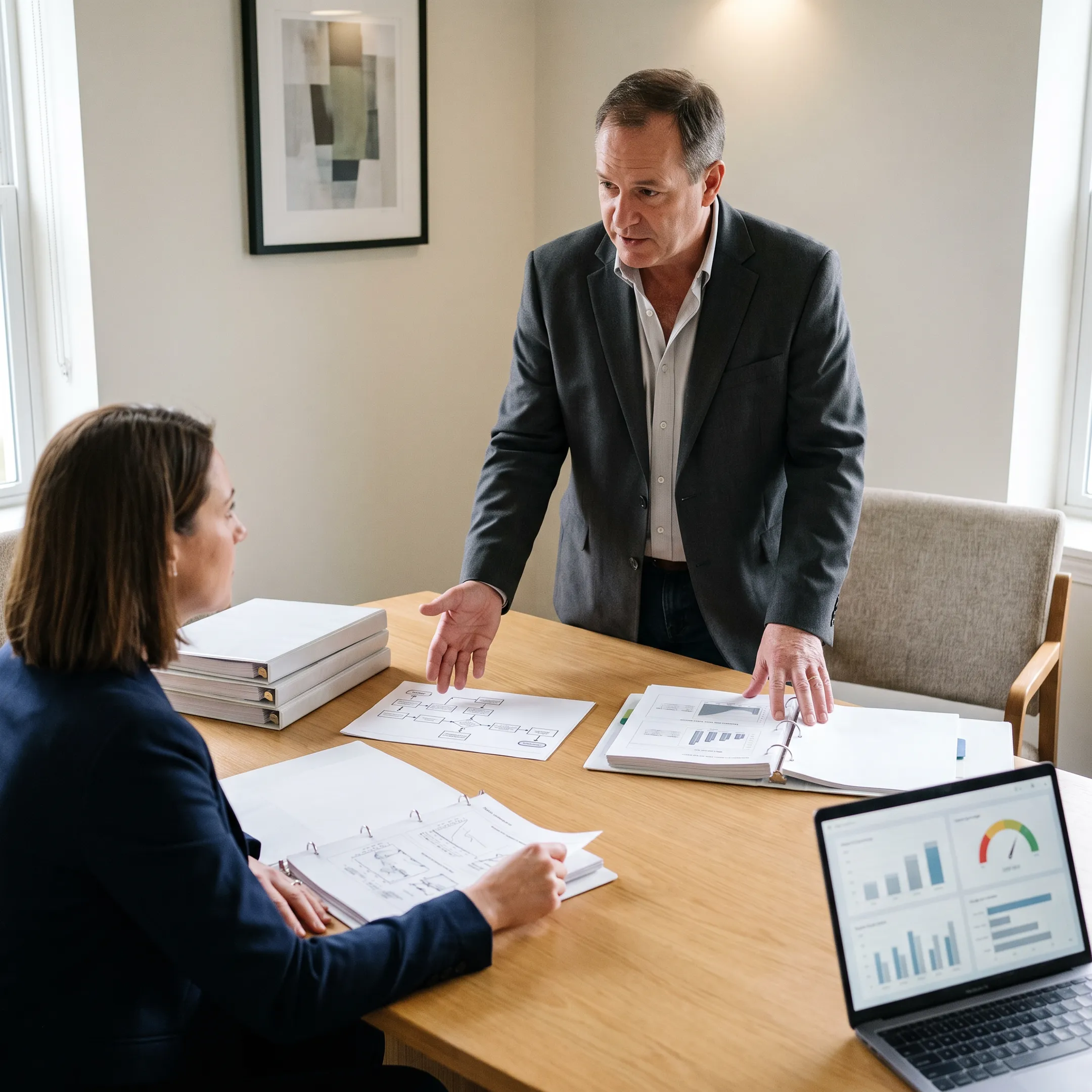 ISO consultant explaining a quality management system to a business team