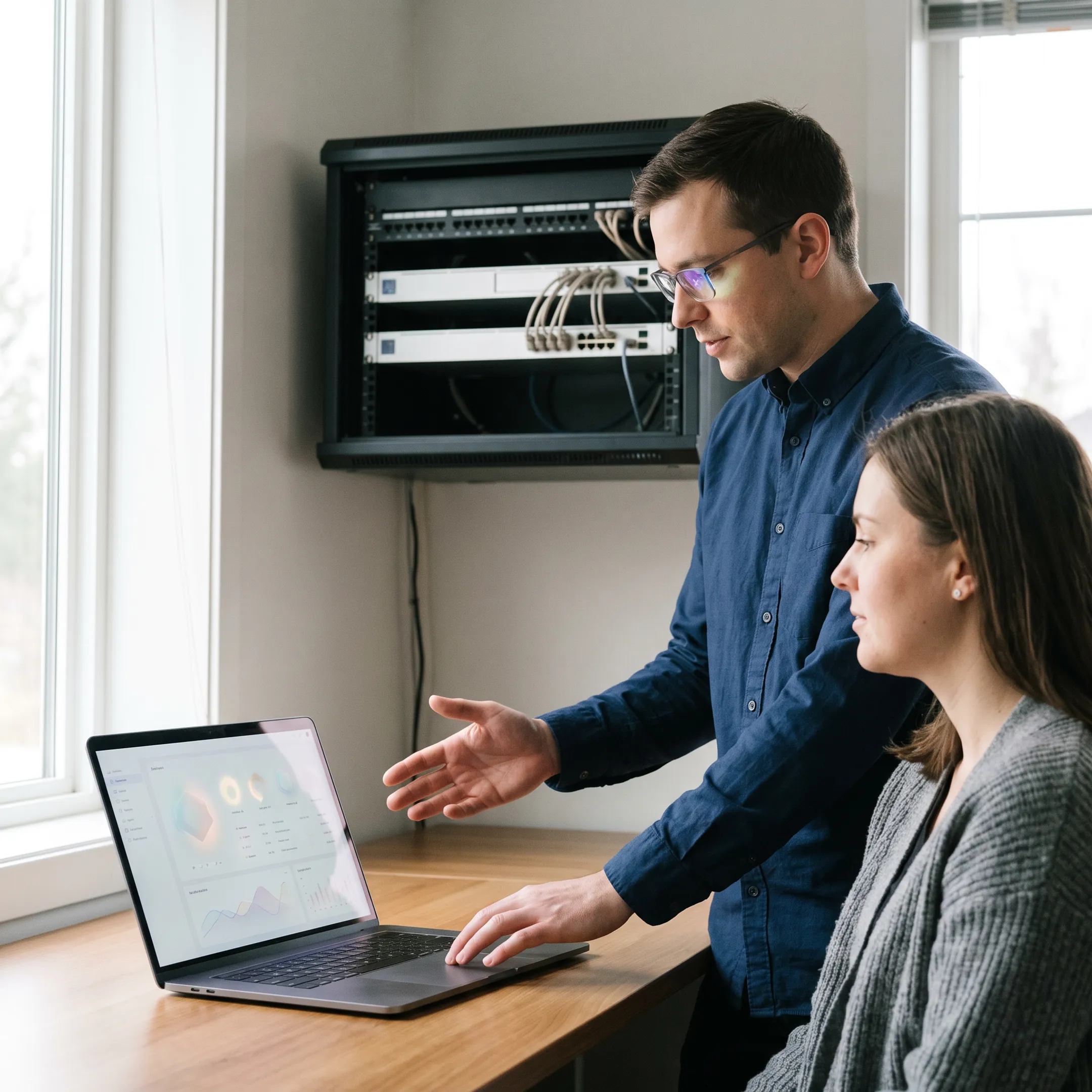 Technician helping startup employees secure cloud systems