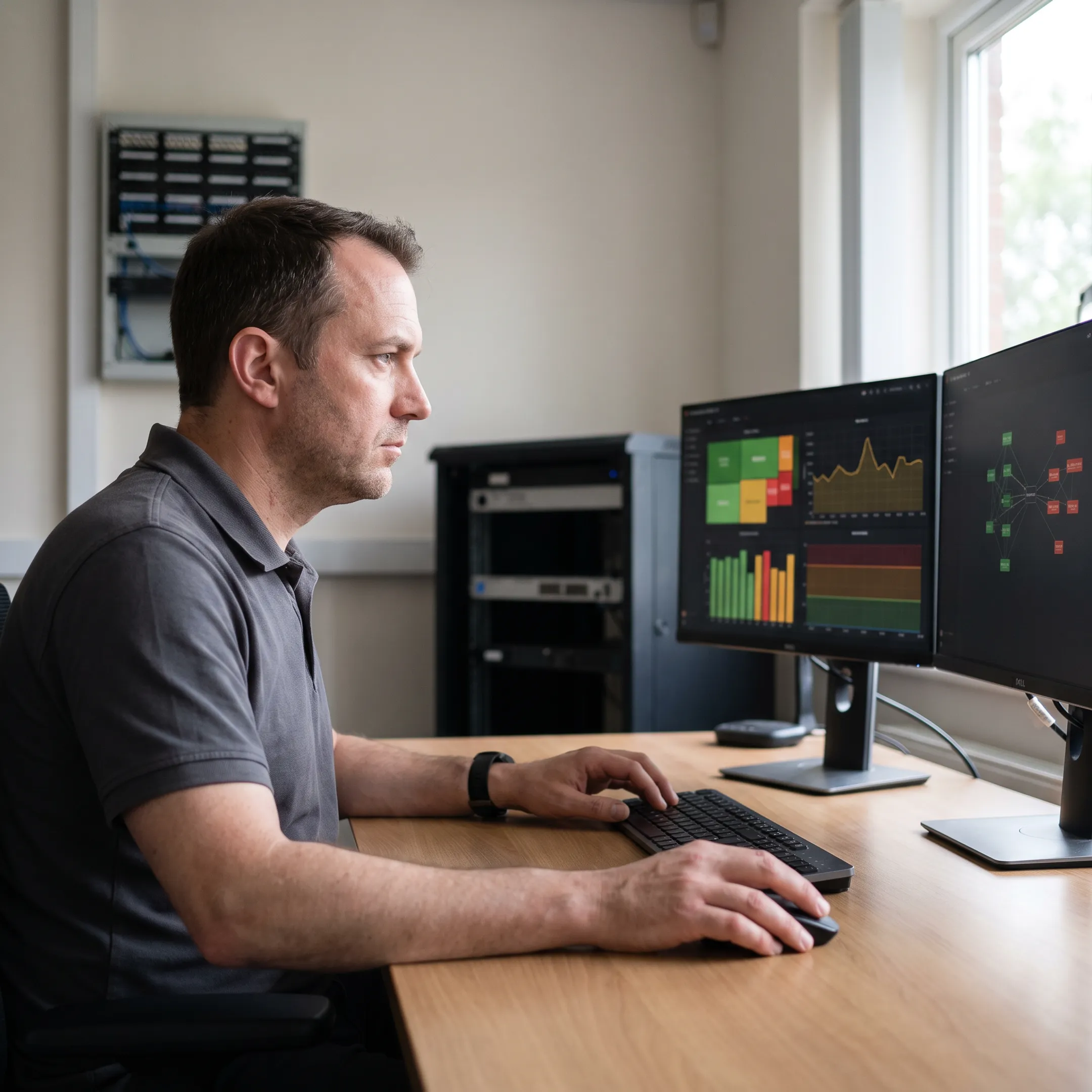 Technician reviewing managed firewall protection for a business network