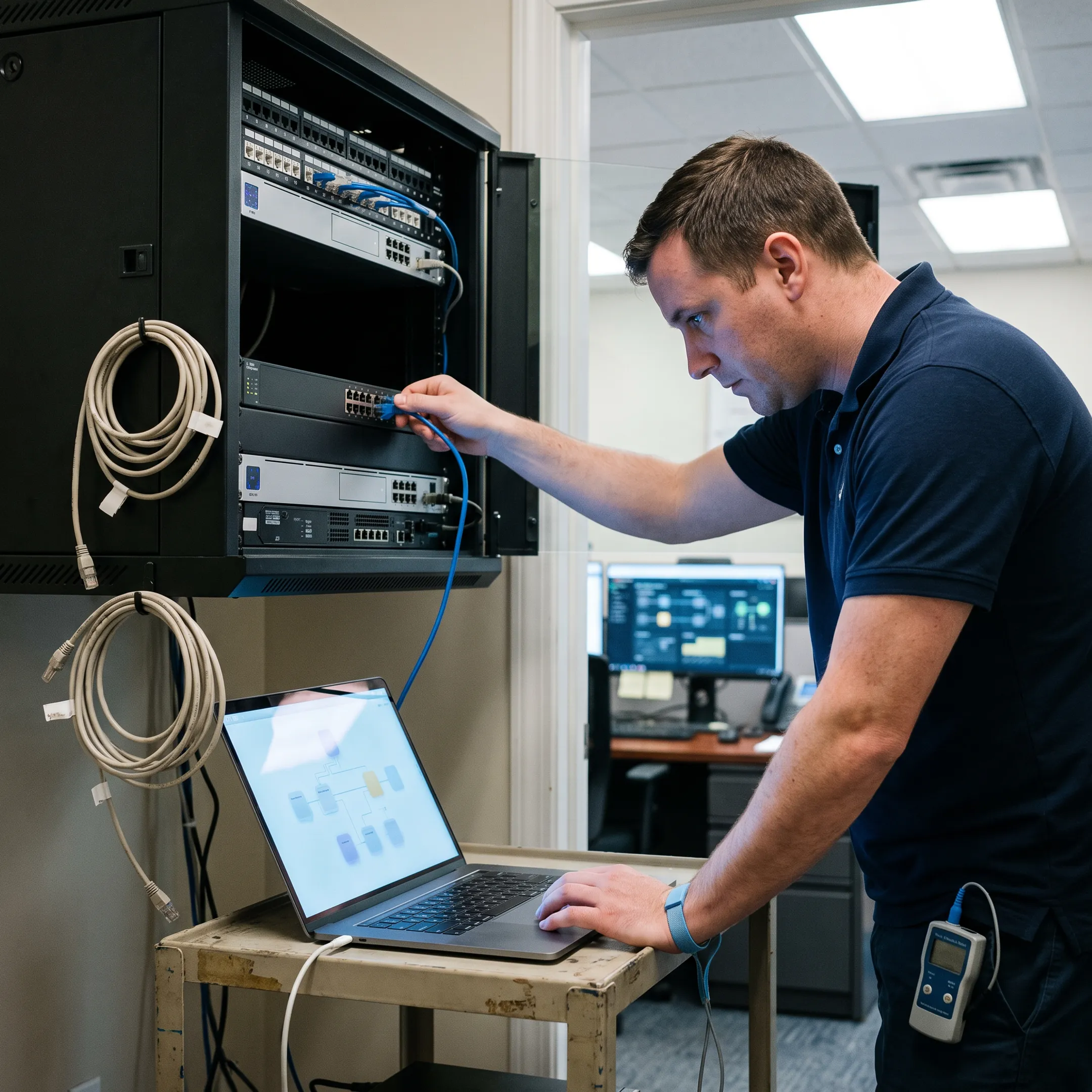 IT professionals testing network equipment for a small business
