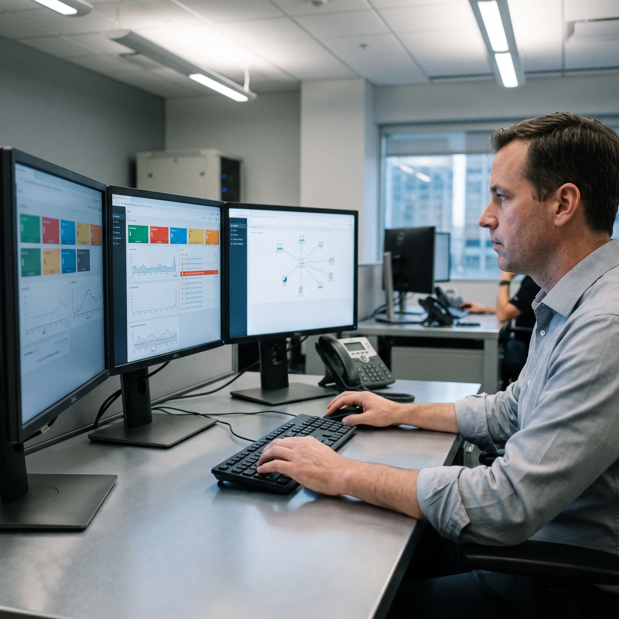 Cybersecurity specialist reviewing protected systems and threat monitoring results
