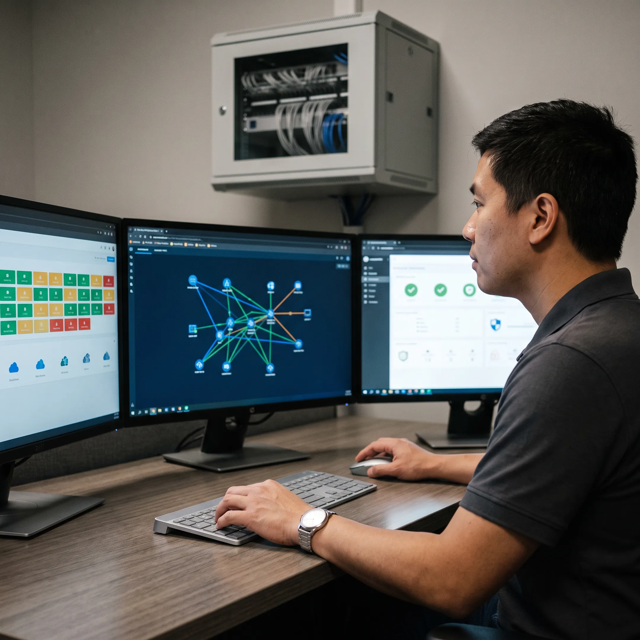 Technician reviewing protected network infrastructure