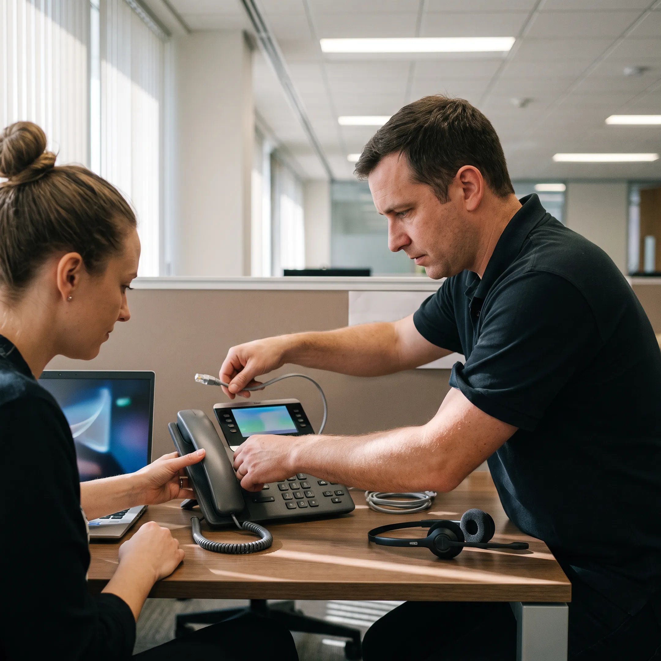 Business team using VoIP phones in an office