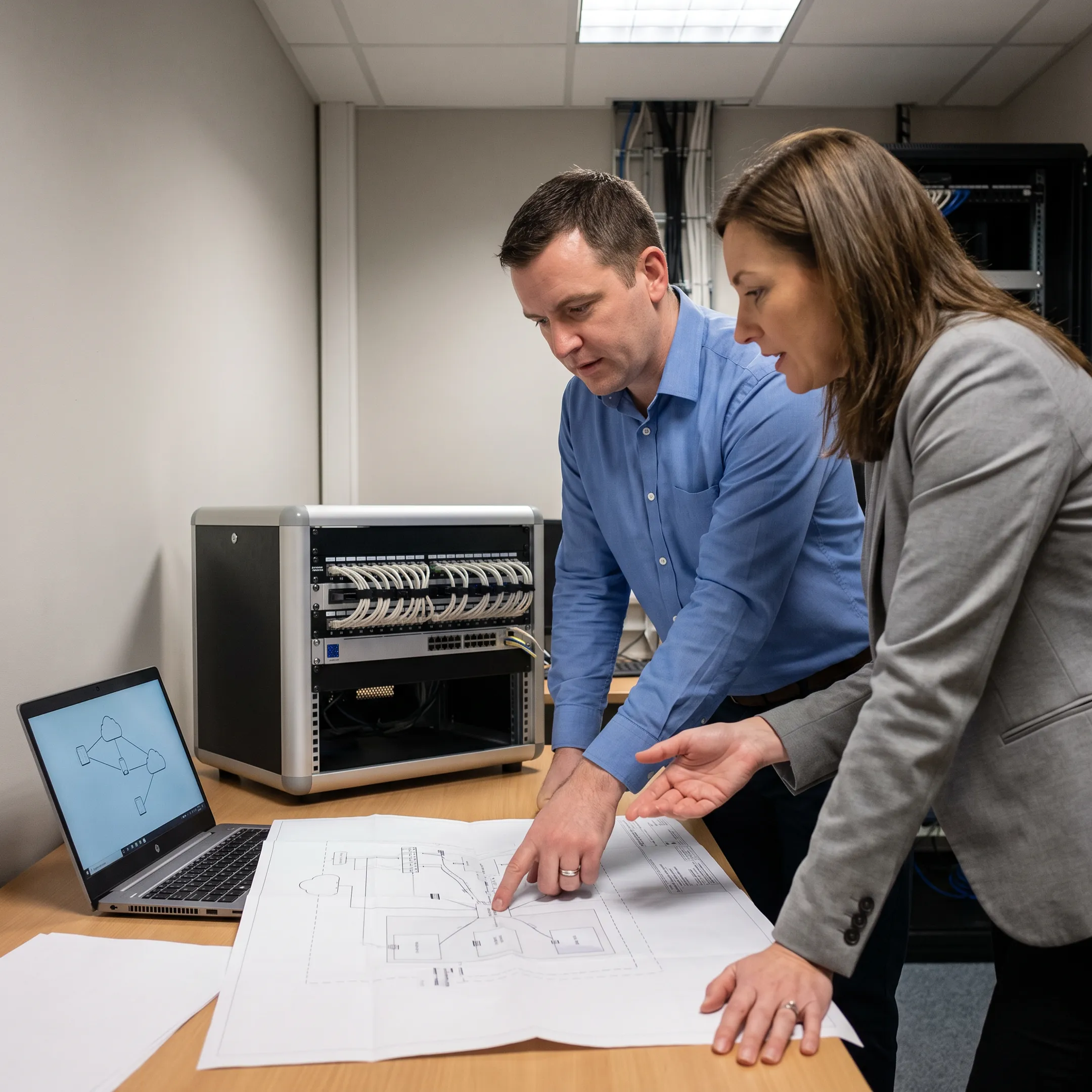 IT professional reviewing installation plan with business client