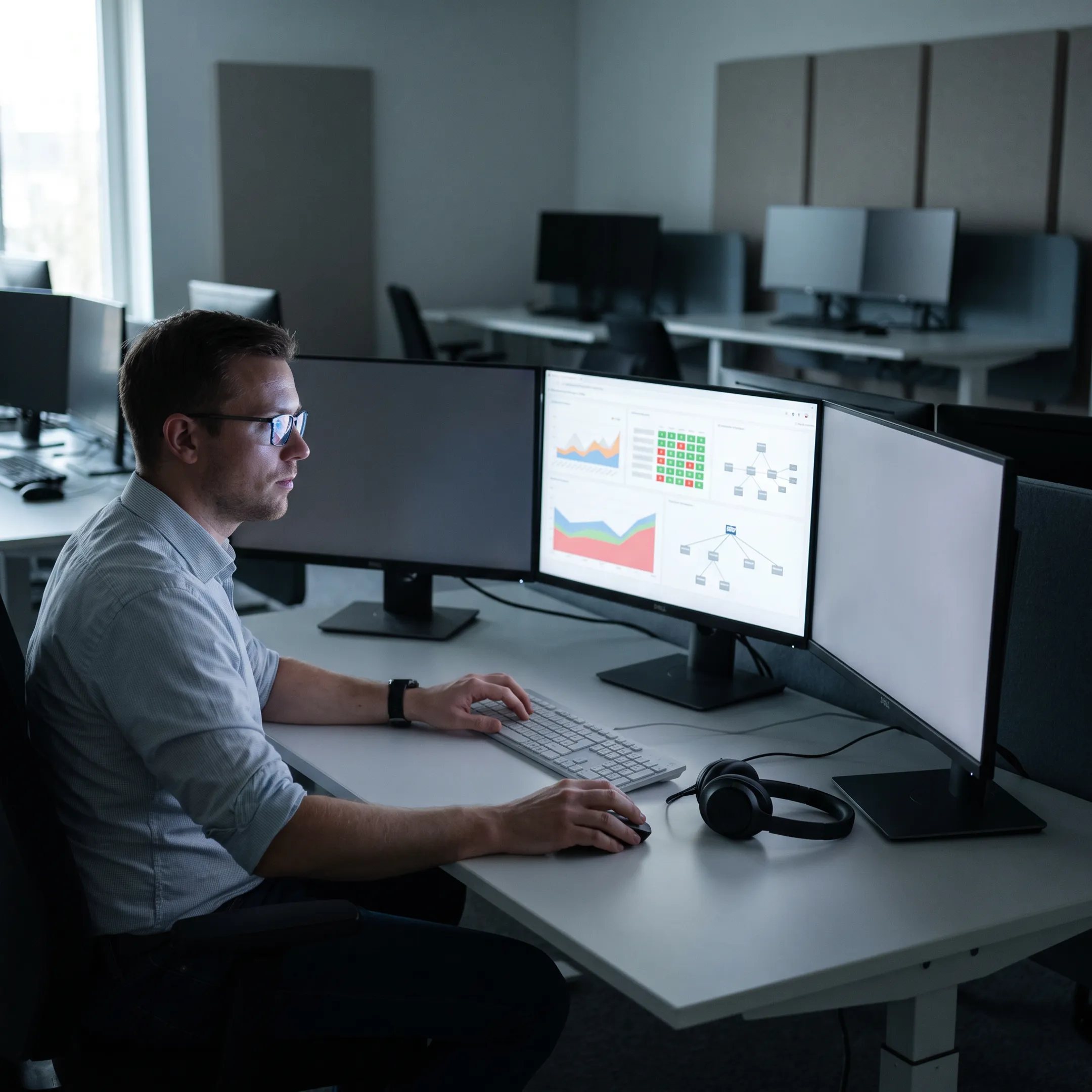 IT professional reviewing live network monitoring dashboards