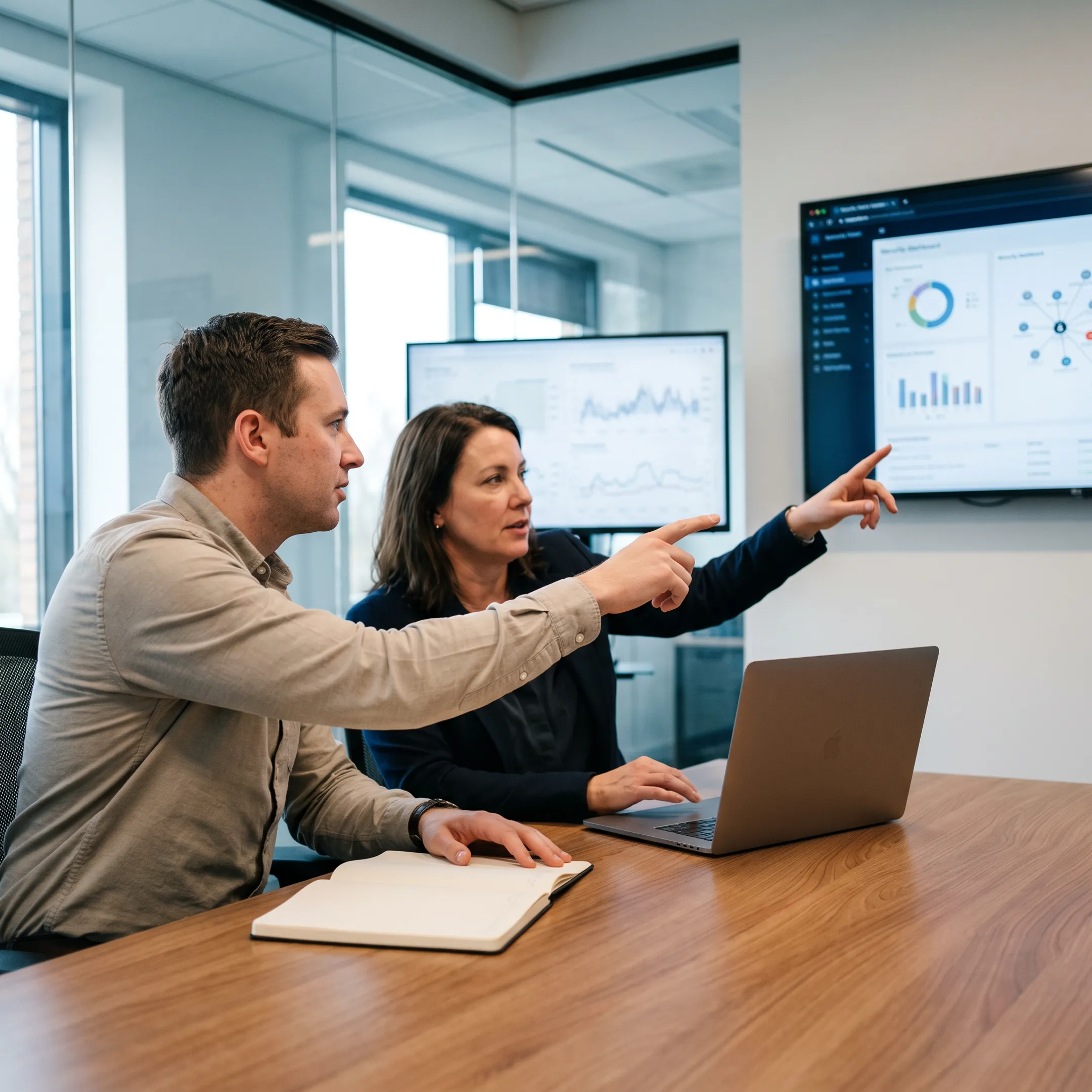 Technician reviewing cybersecurity controls with a business client