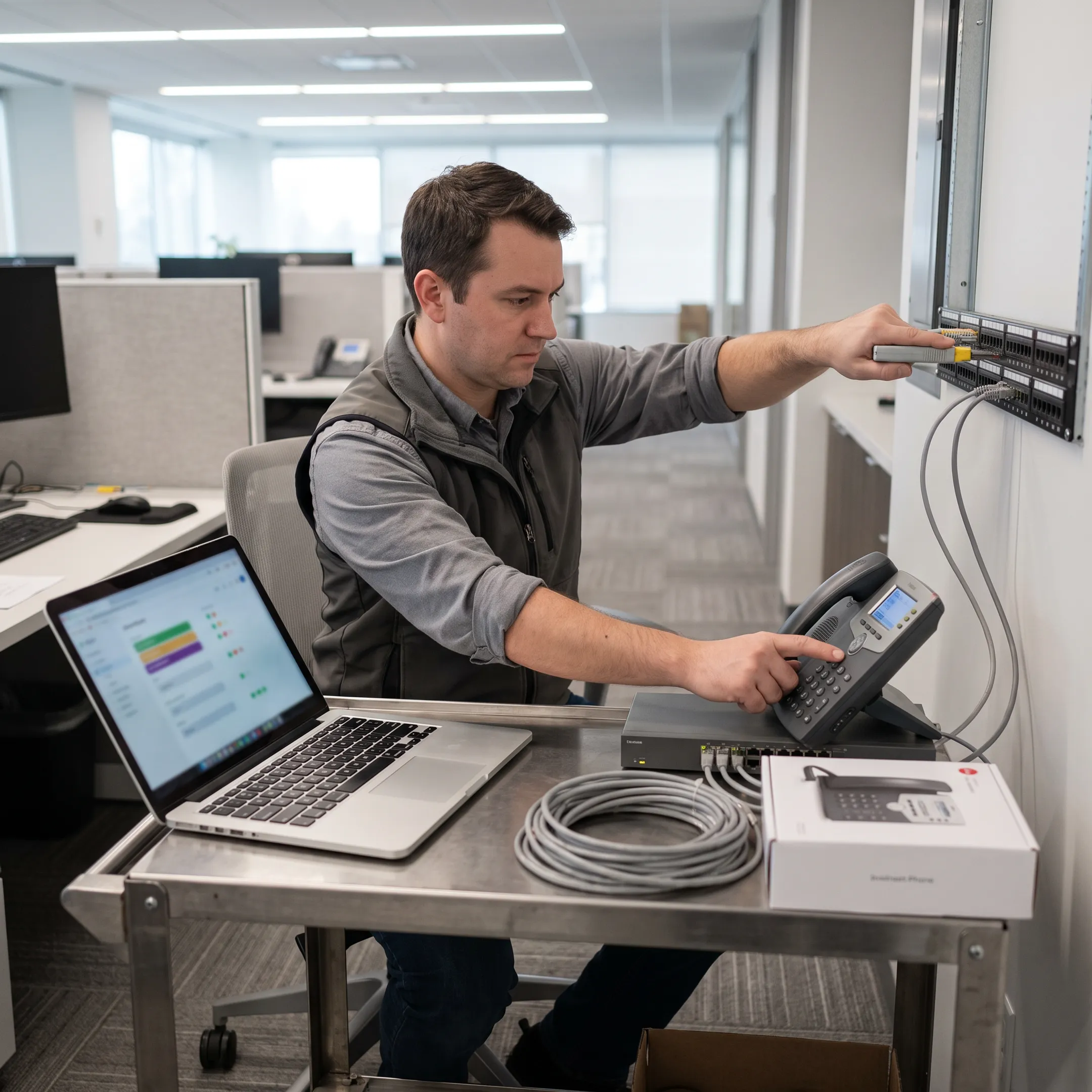 Technician configuring a business VoIP communications system