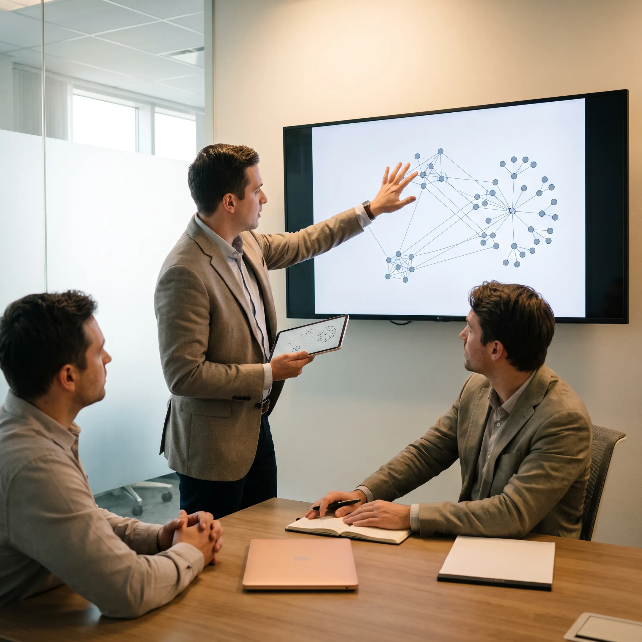 Technician presenting a business network architecture plan