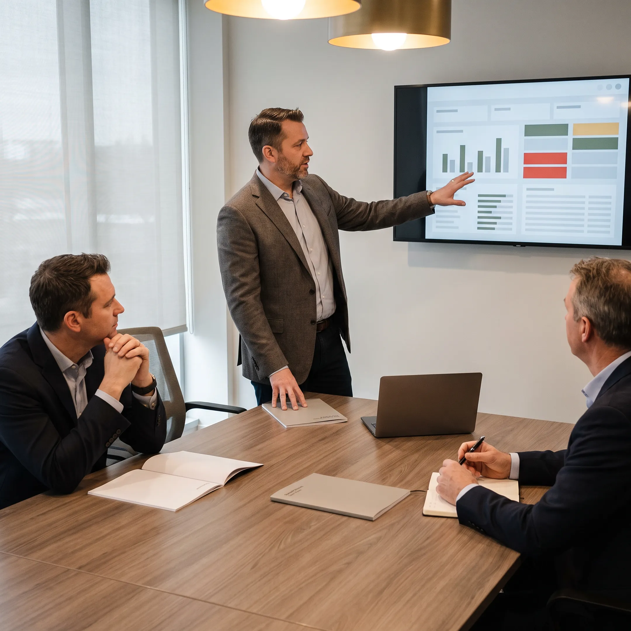 Consultant presenting cybersecurity recommendations to business leaders