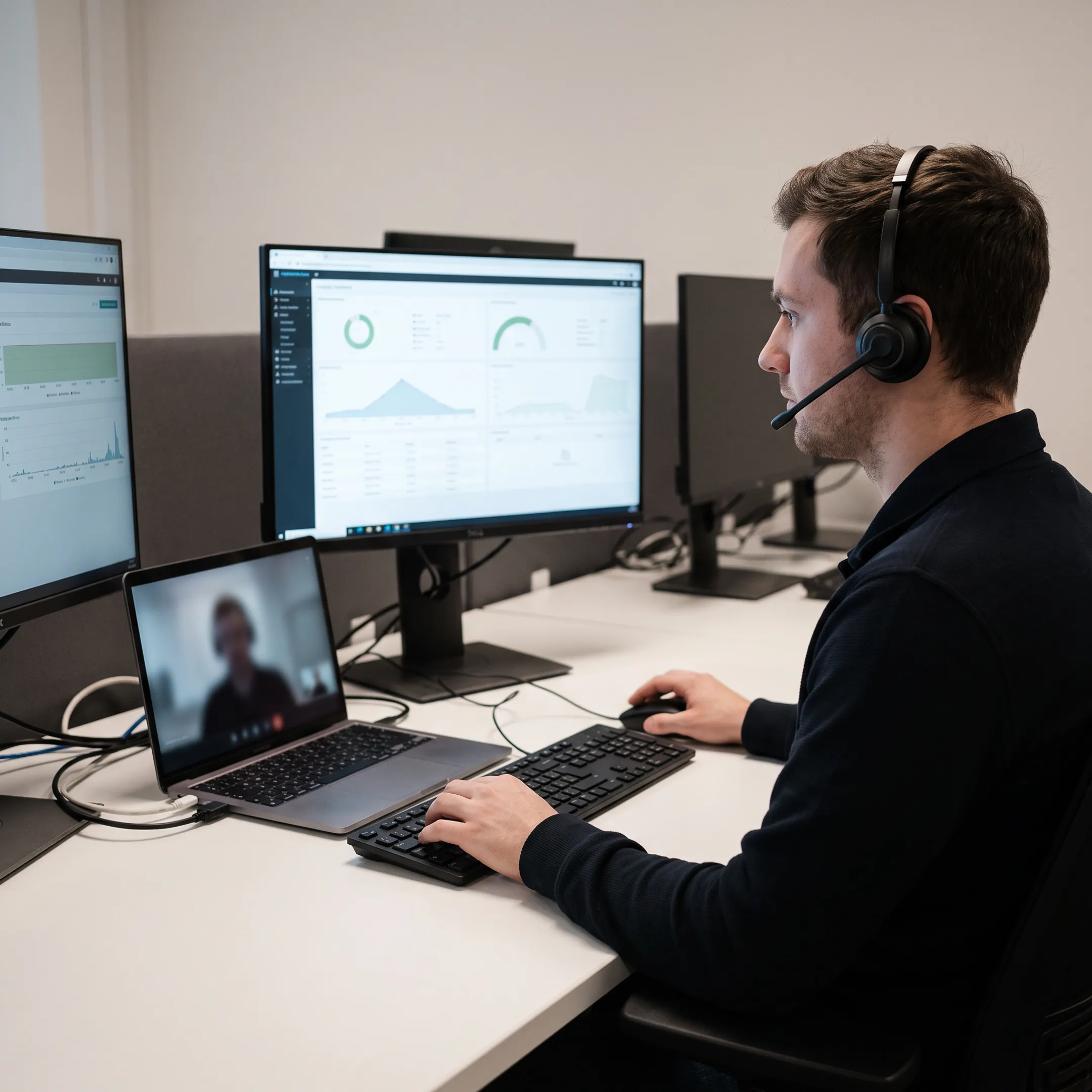 Technician providing remote support to a business employee