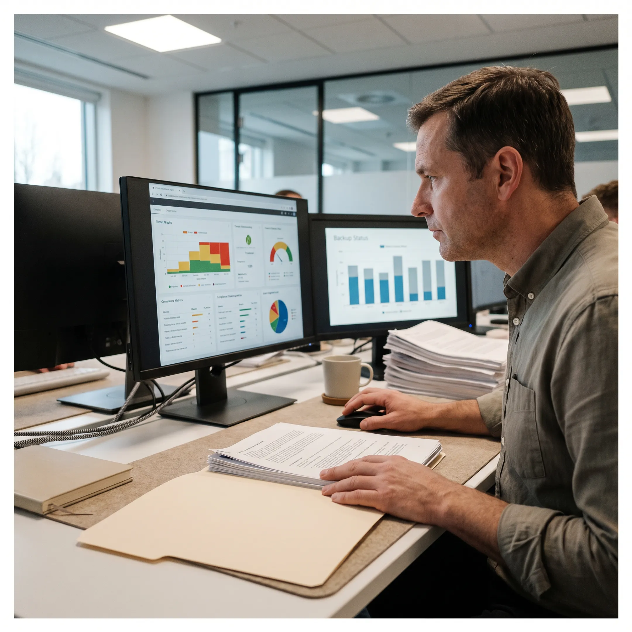 IT security team reviewing threat alerts and business protection plans
