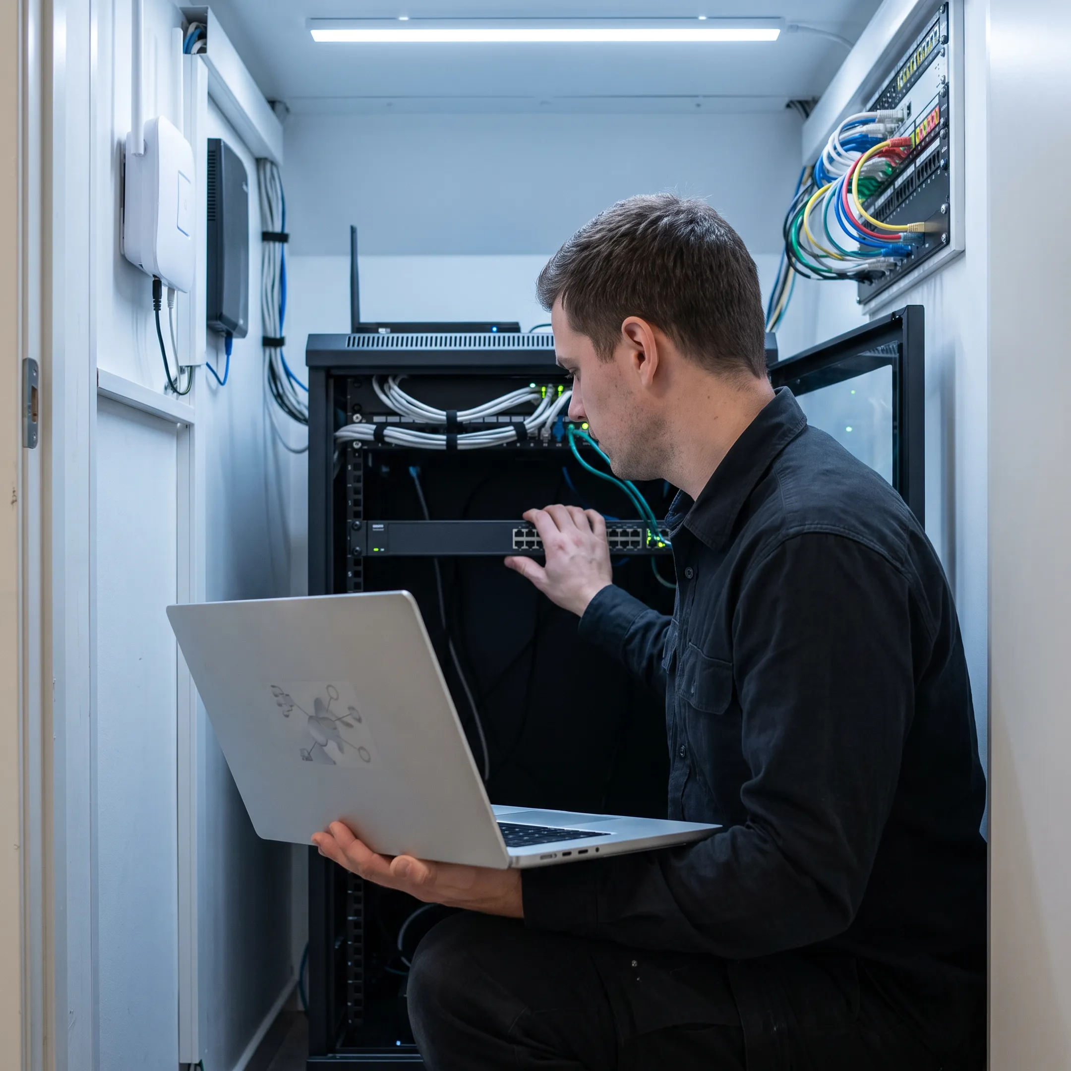 IT professional reviewing business wireless network equipment
