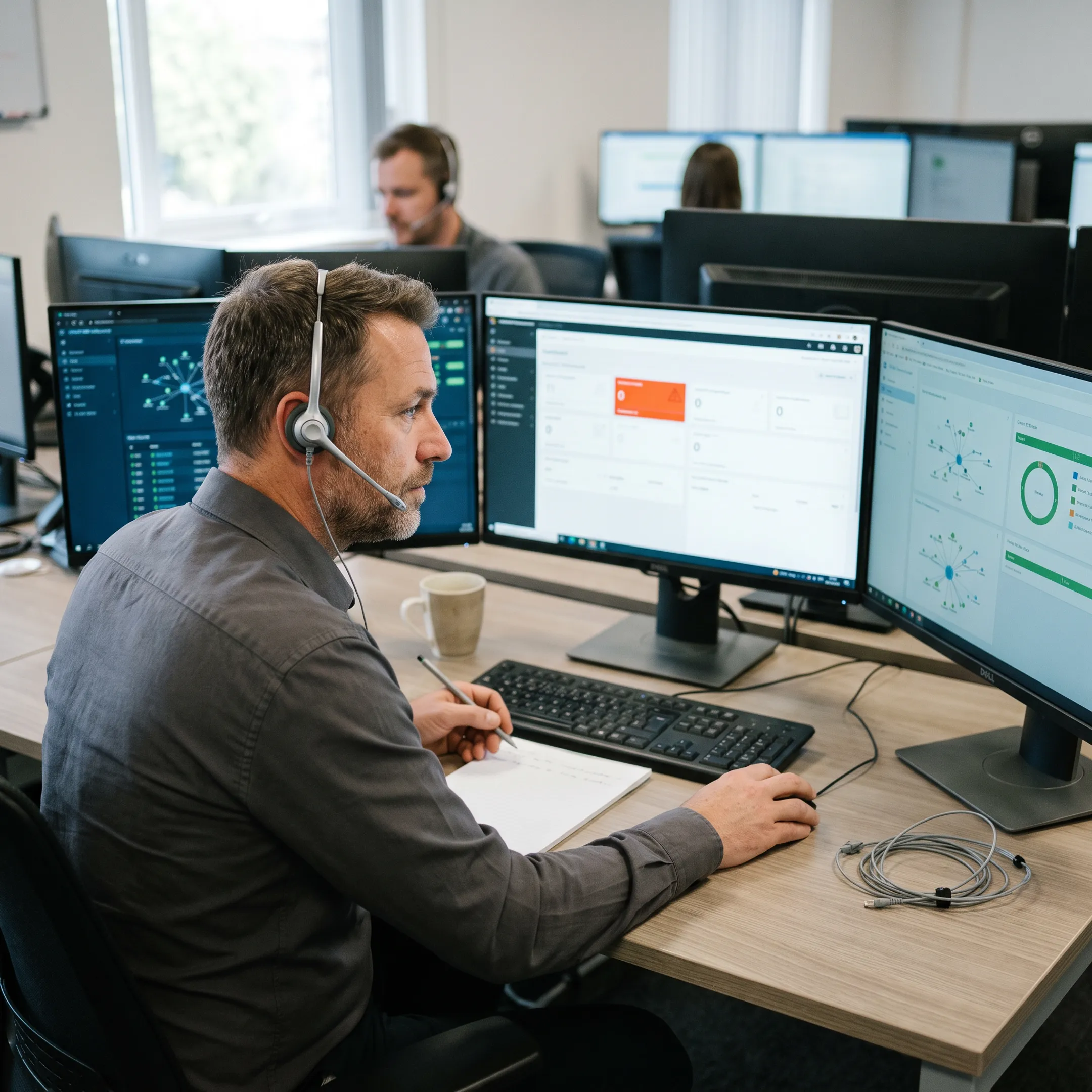 Technician providing remote IT support to a business