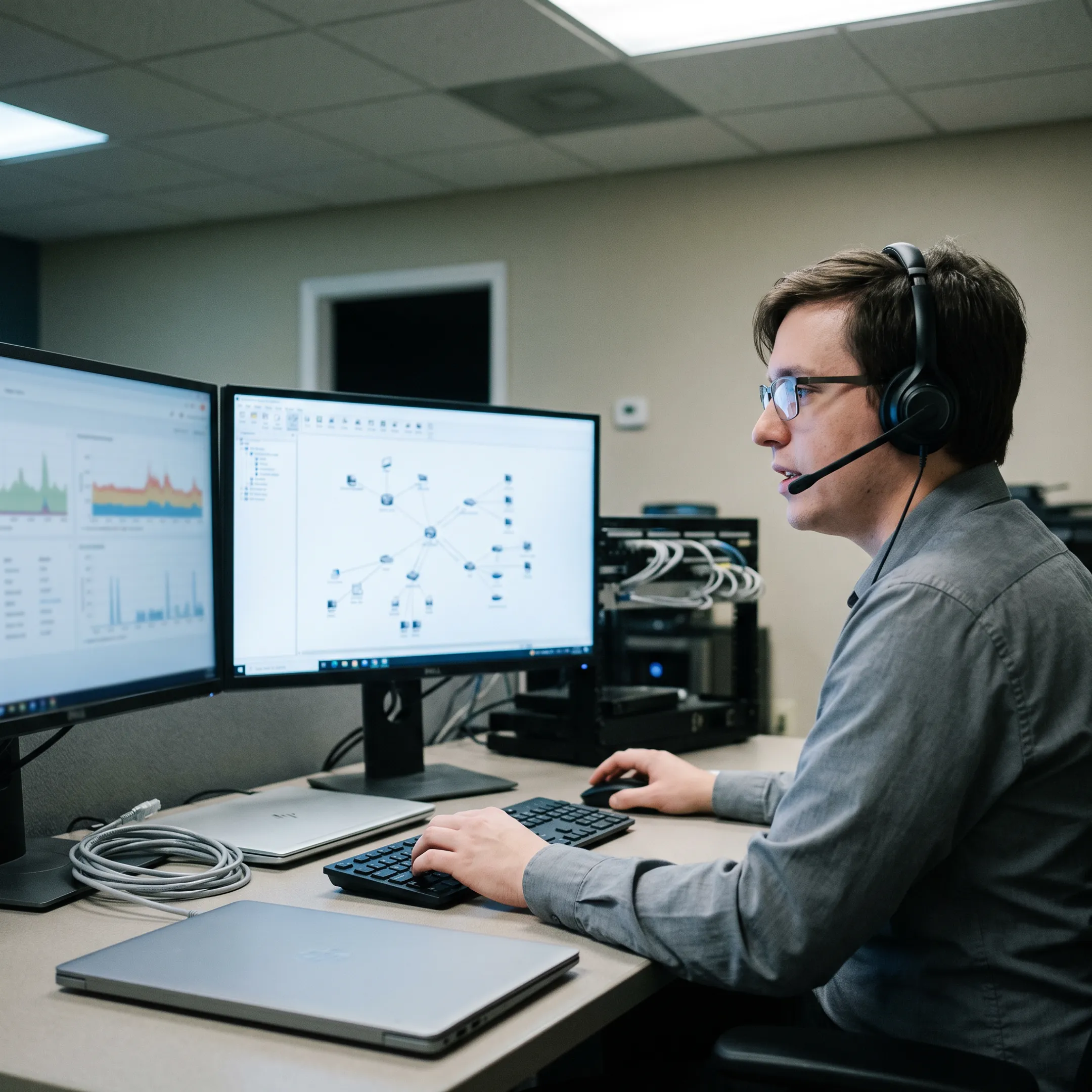 Technician troubleshooting business technology