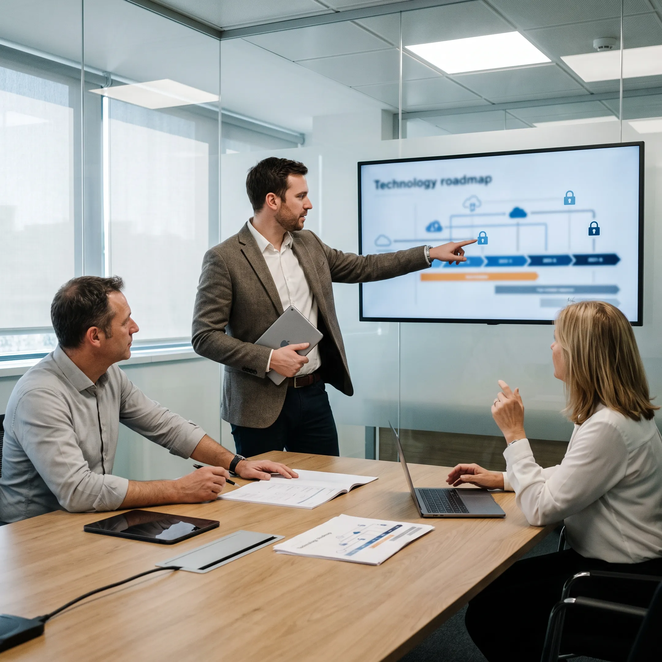 IT consultant explaining a technology plan to business owners