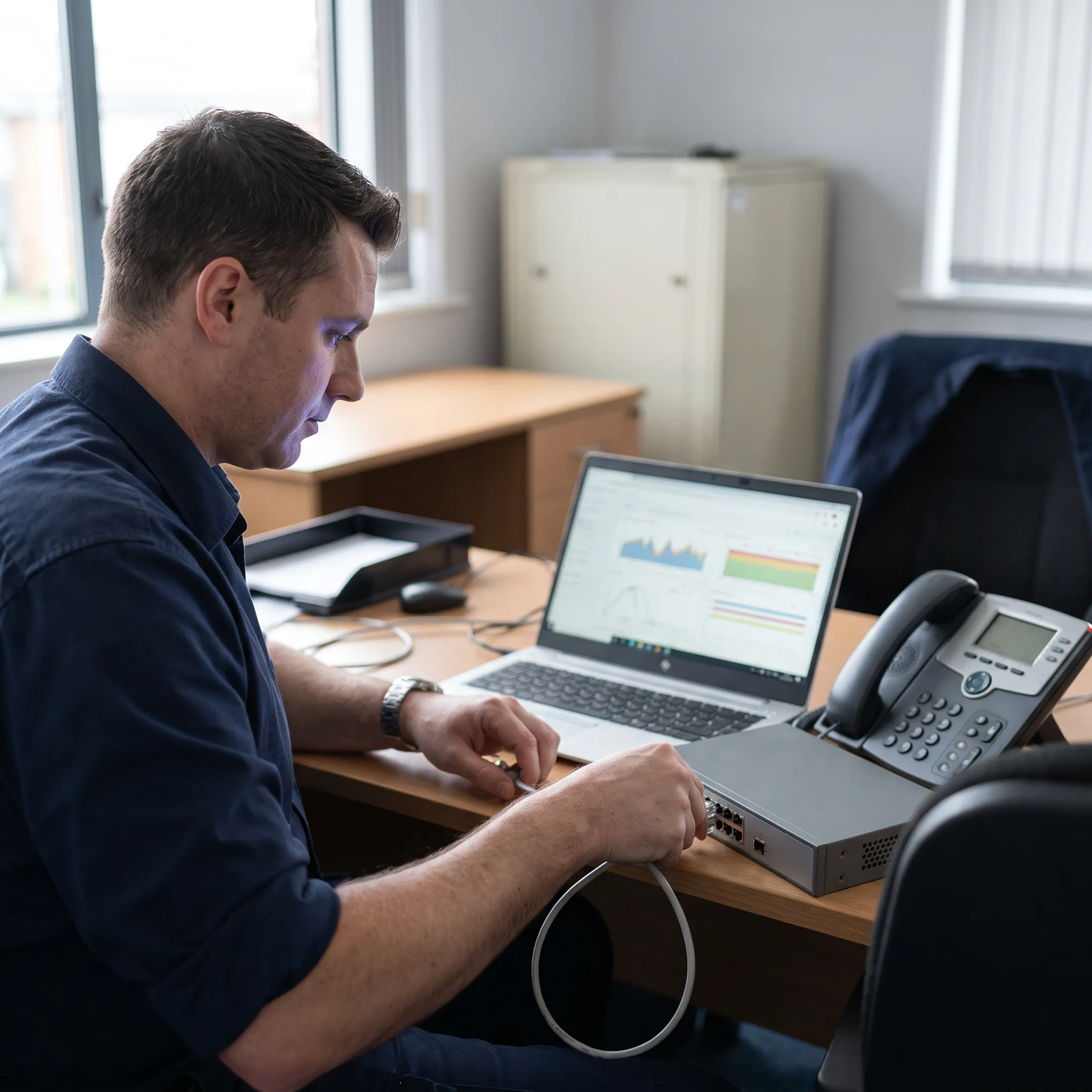 Technician configuring business VoIP equipment