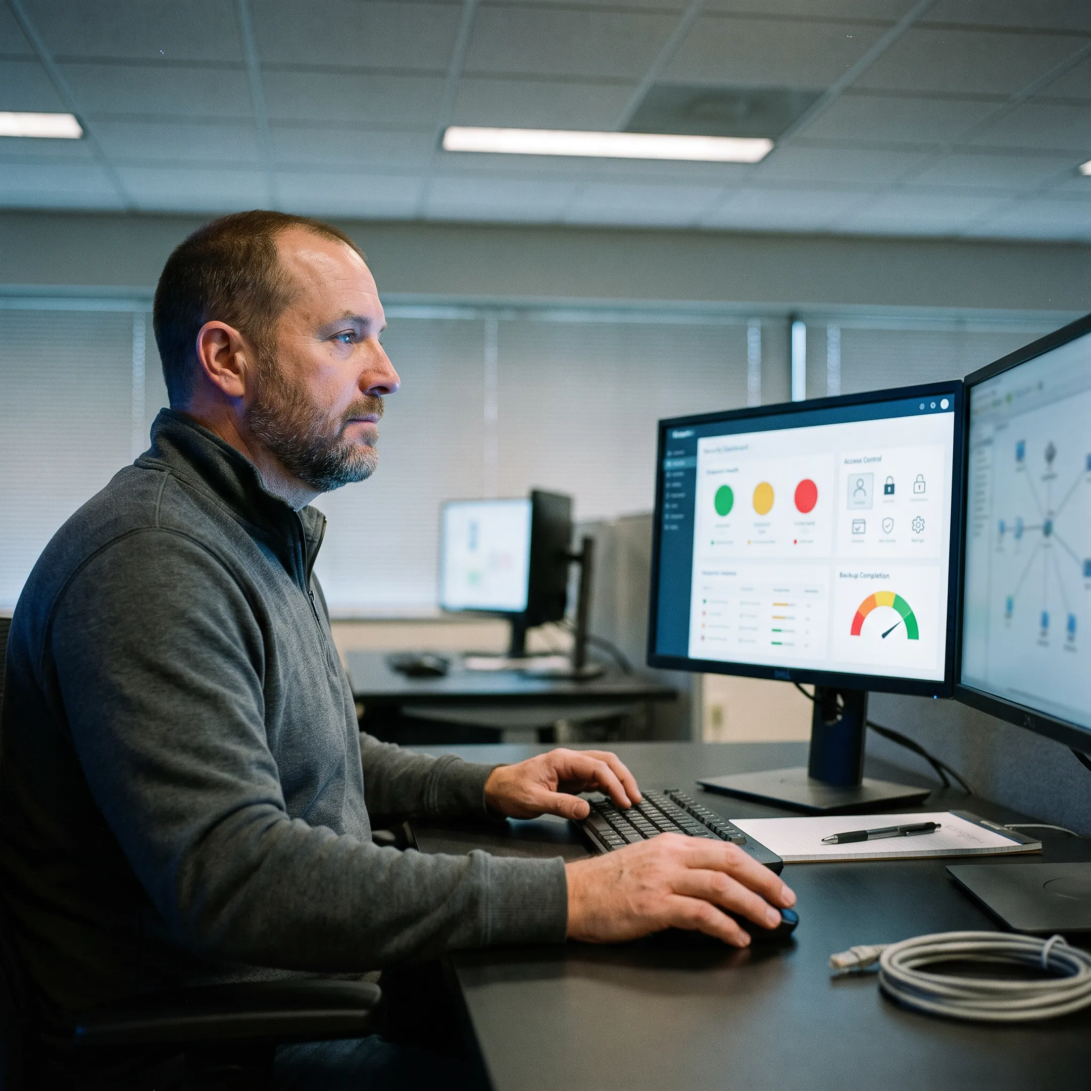 Technician reviewing managed cybersecurity protections