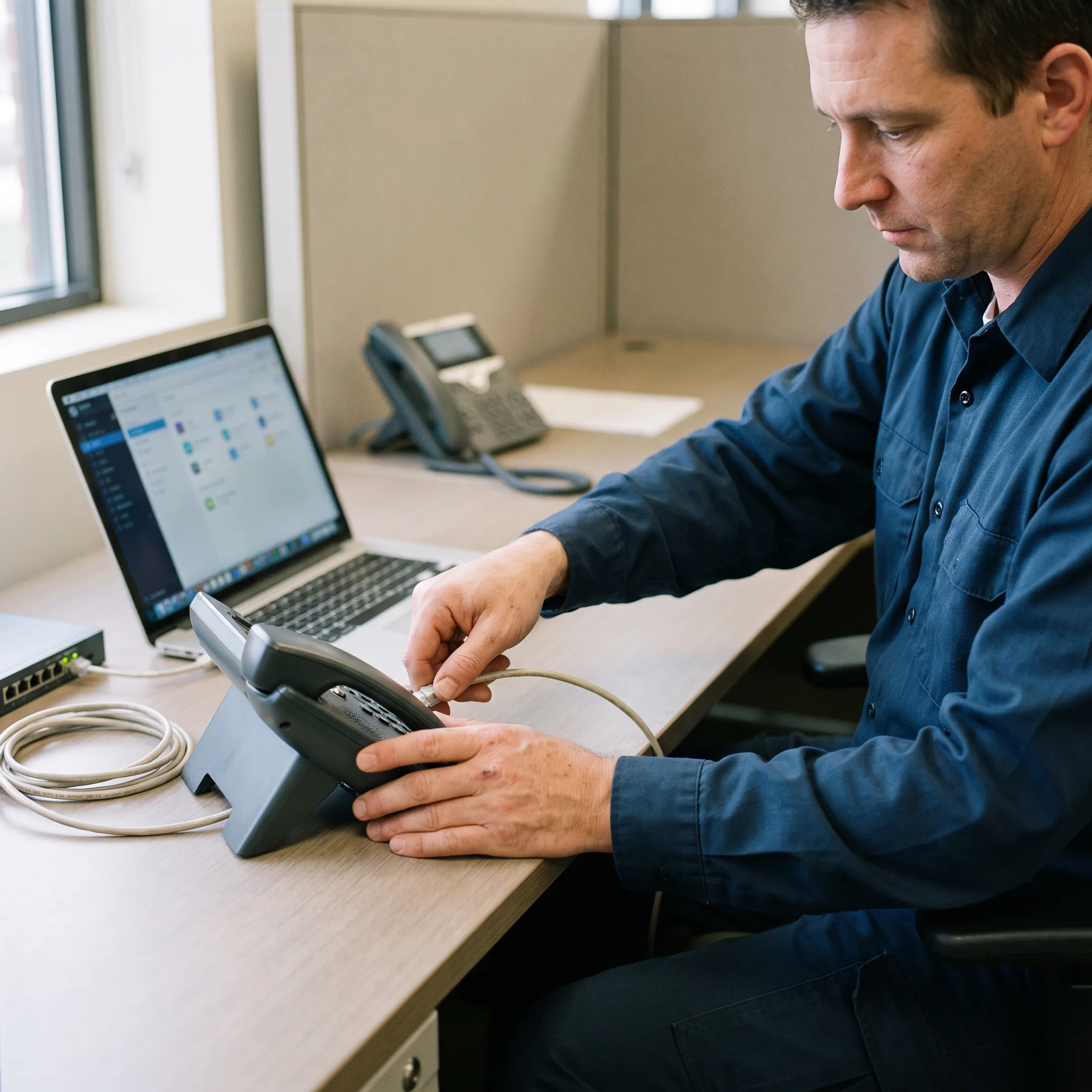 Technician configuring VoIP phones in a small business office