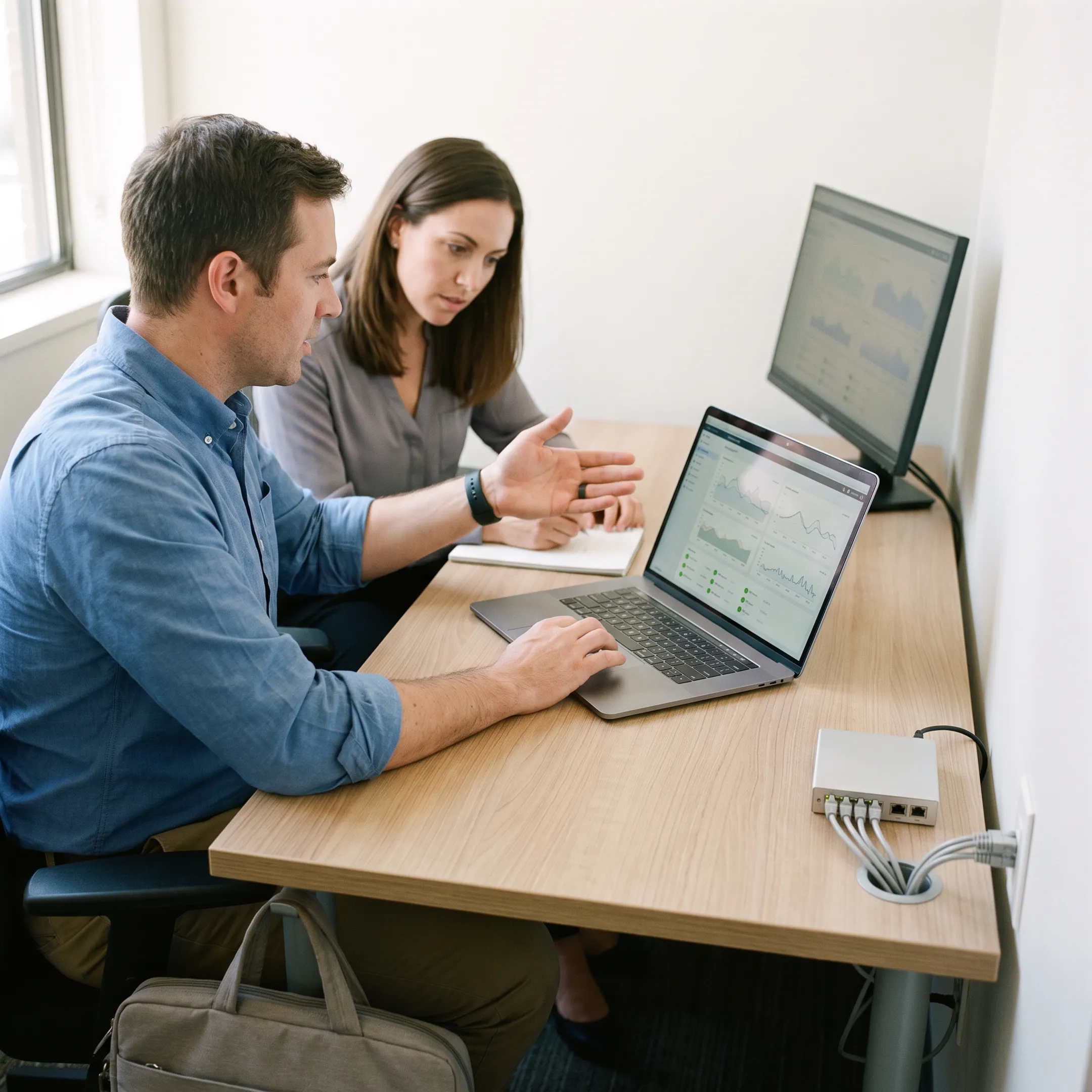 Technician assisting a small business with IT support