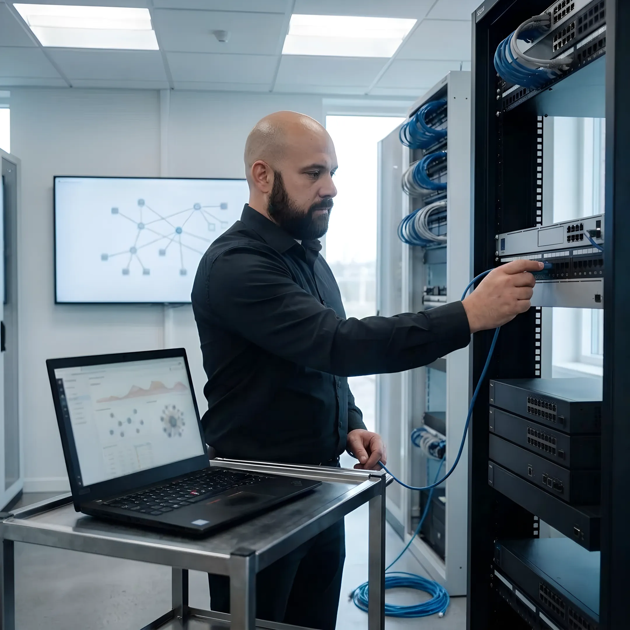 IT specialists reviewing a business network design on multiple monitors