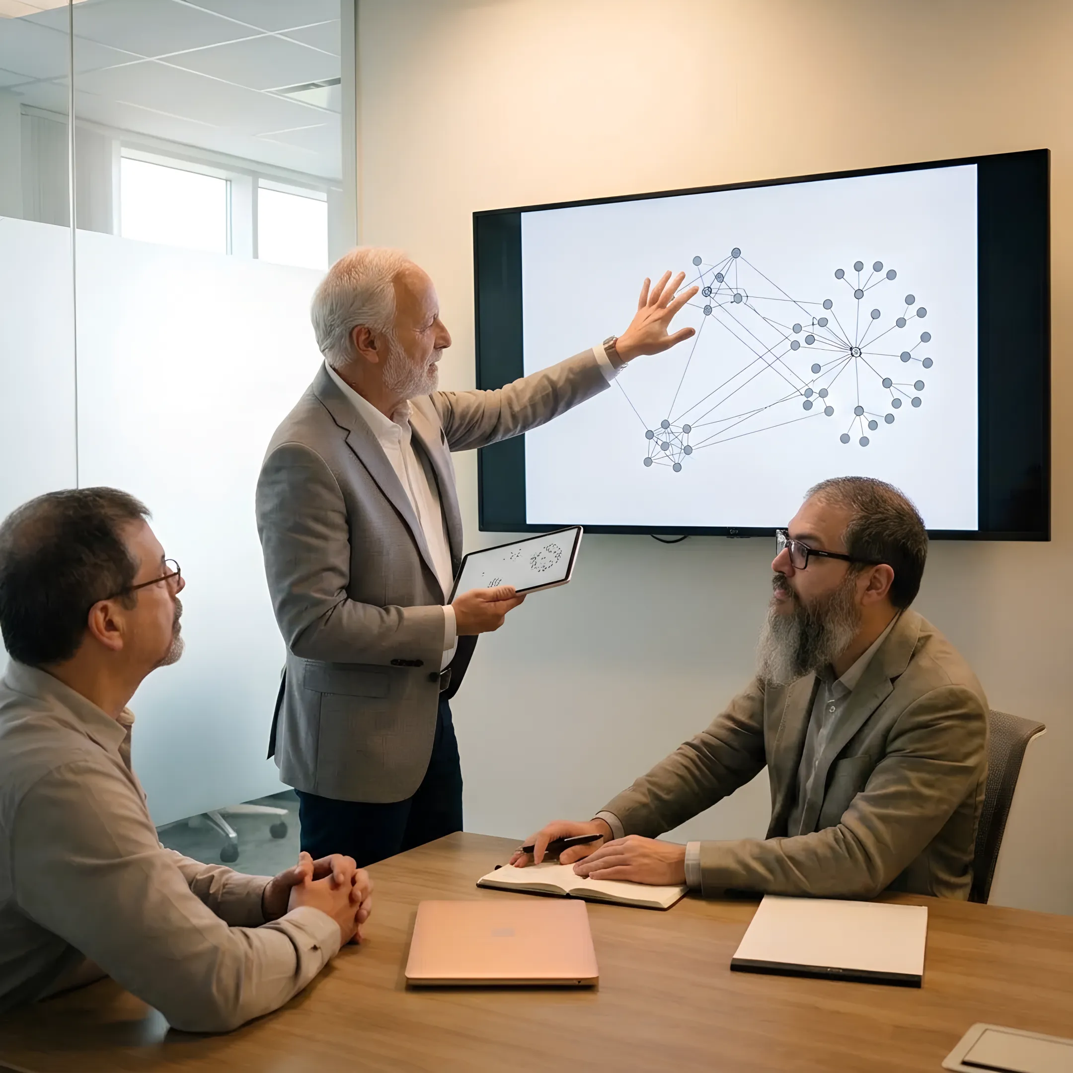 Technician presenting a business network architecture plan