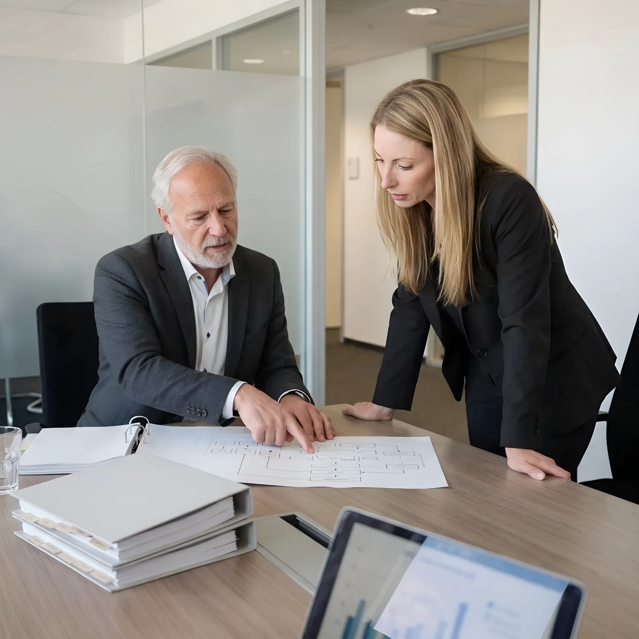 Consultant reviewing an ISO 9001 quality management plan with business leaders