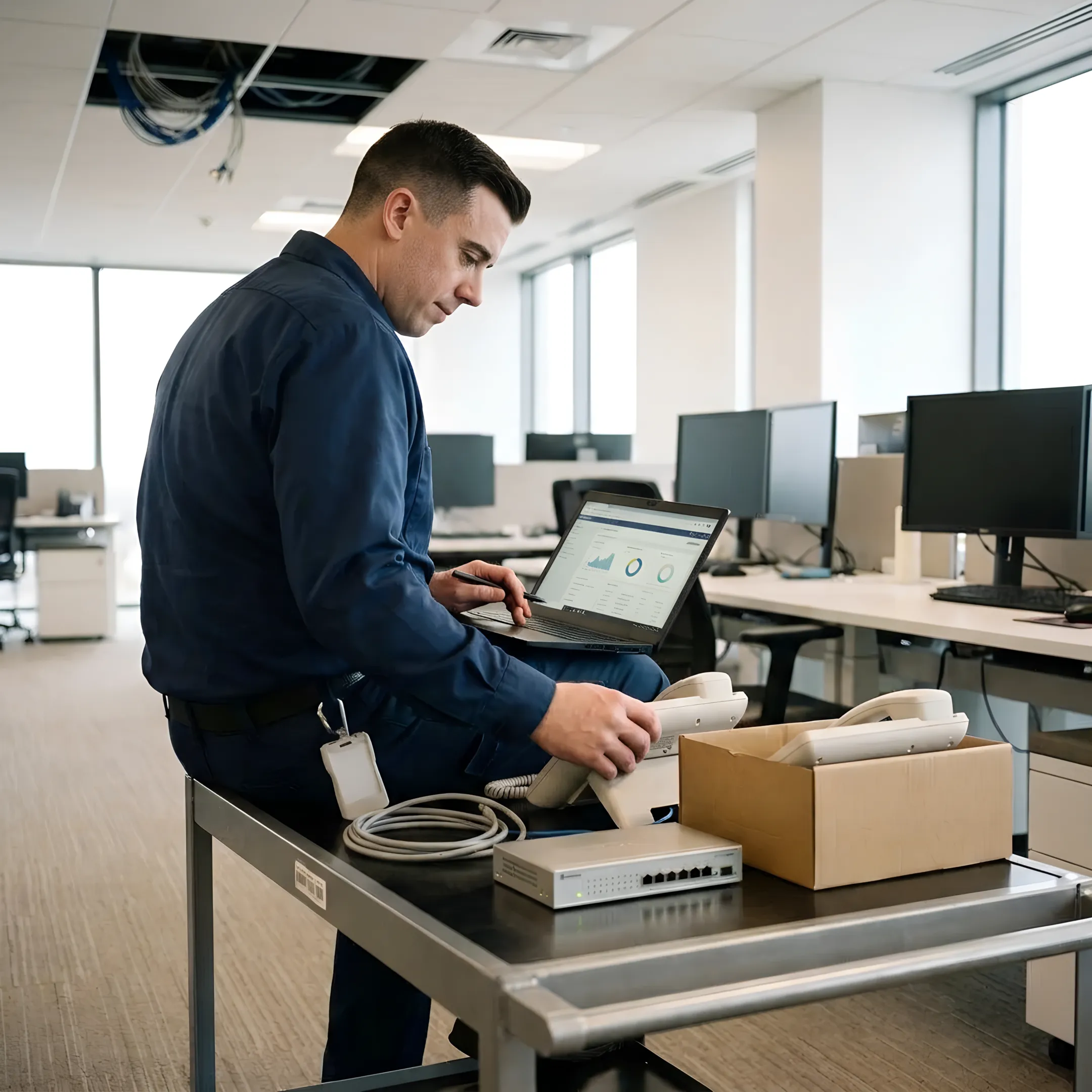 Technician installing a modern business phone system