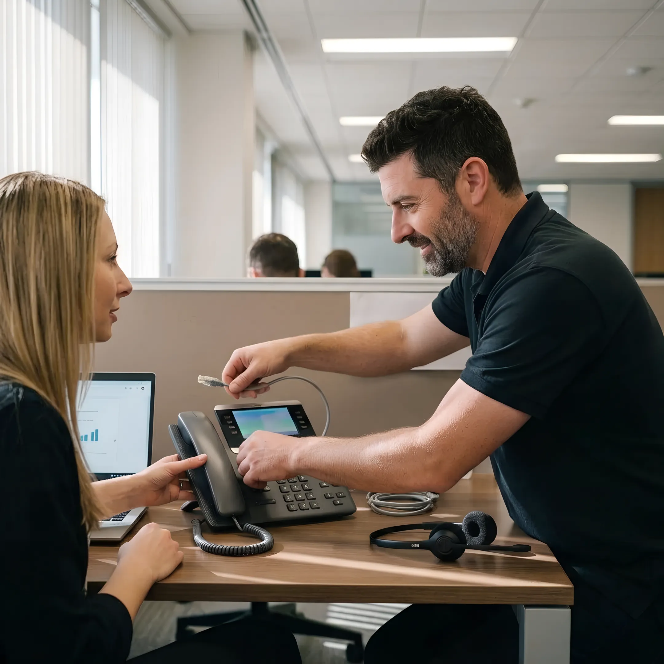 Business team using VoIP phones in an office