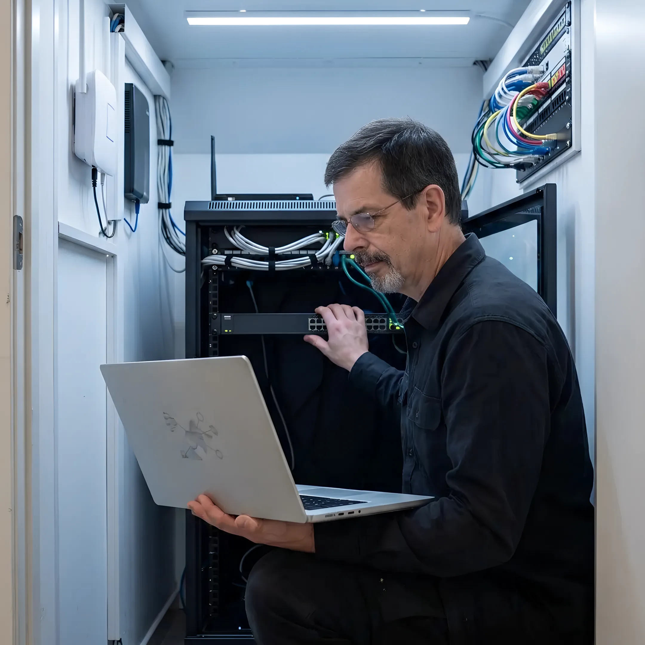 IT professional reviewing business wireless network equipment