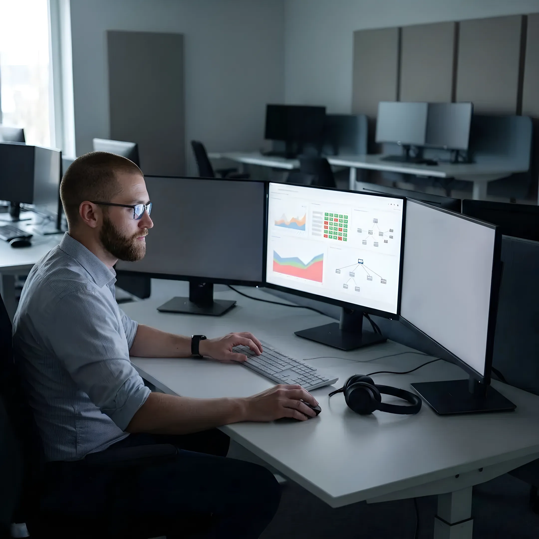 IT professional reviewing live network monitoring dashboards