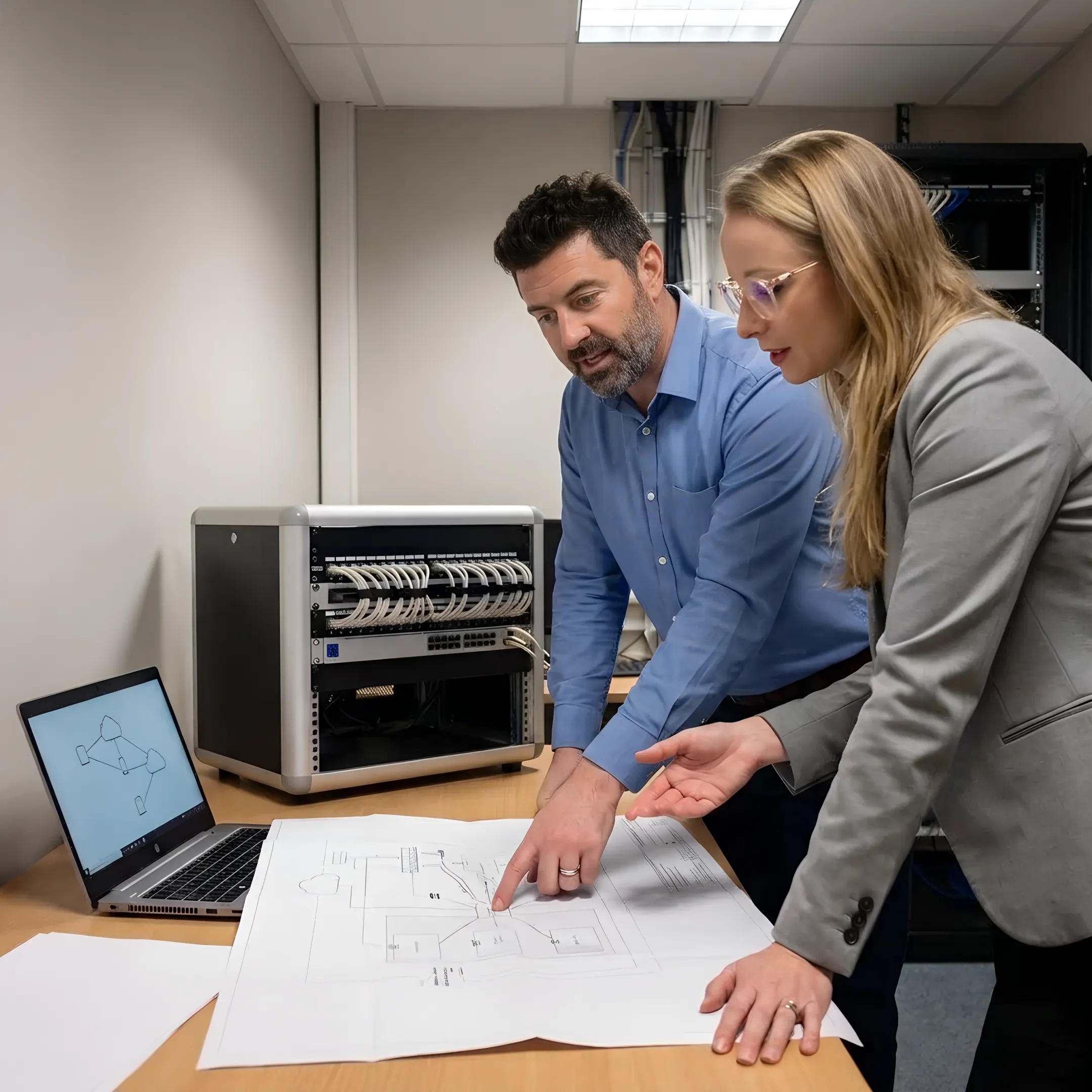 IT professional reviewing installation plan with business client