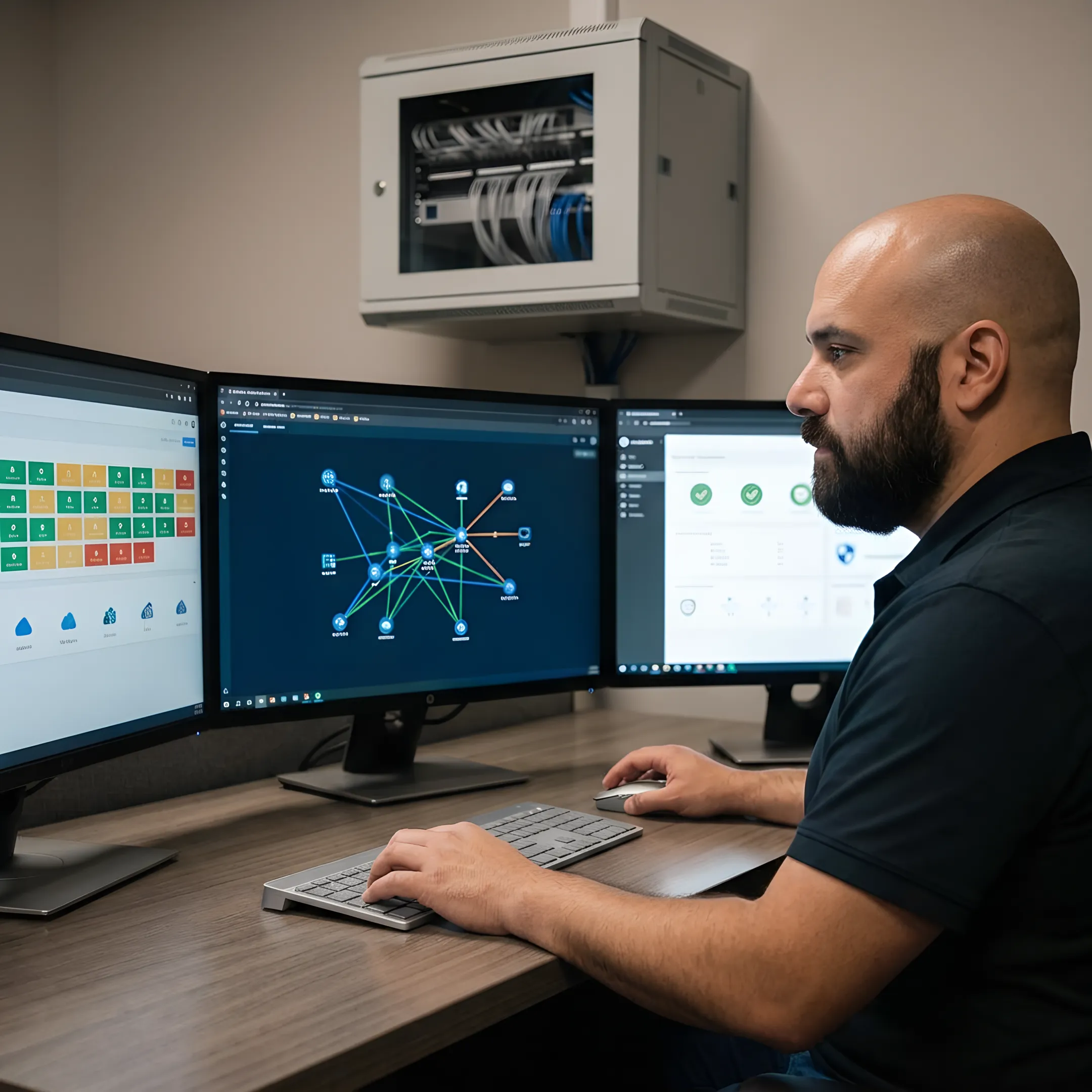 Technician reviewing protected network infrastructure