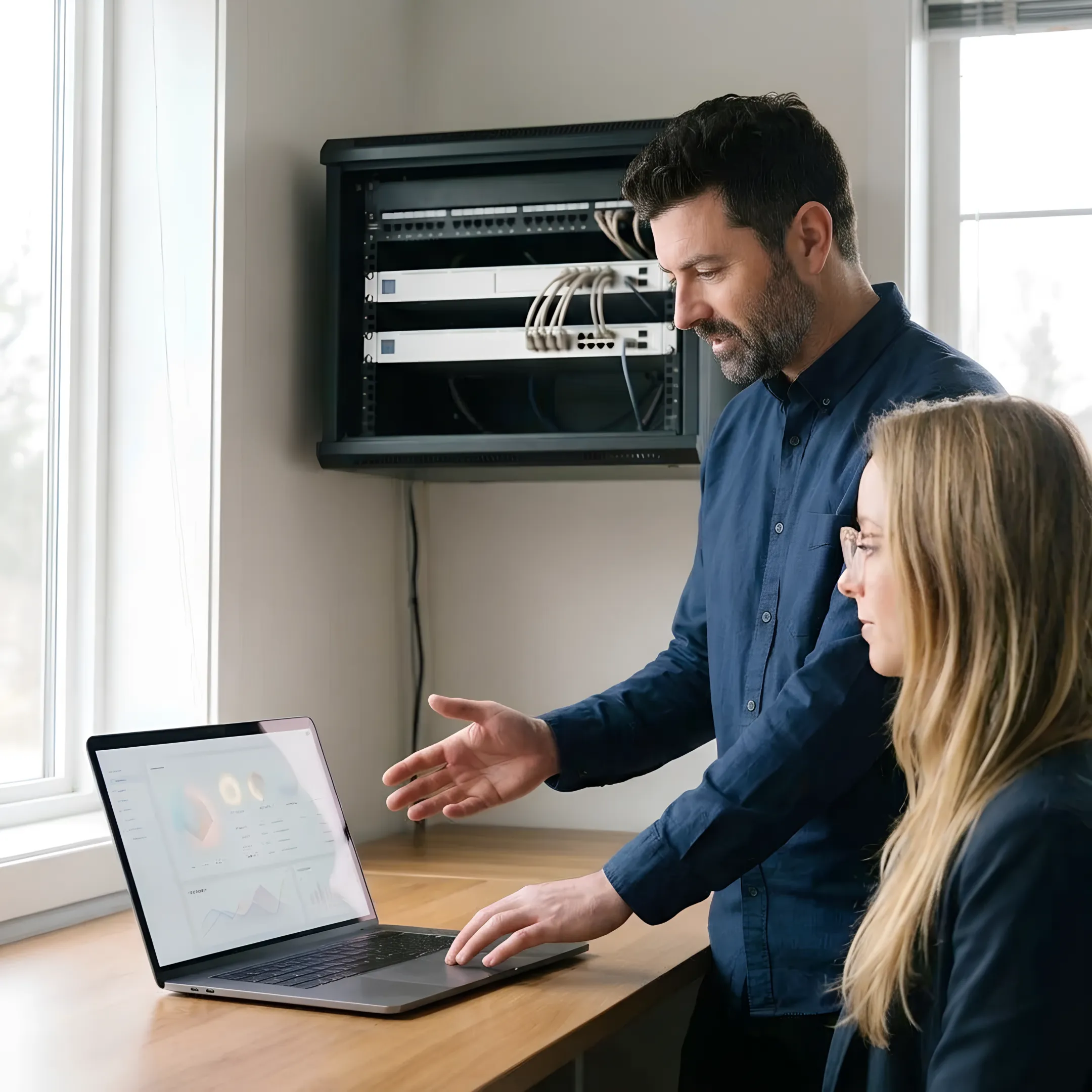 Technician helping startup employees secure cloud systems