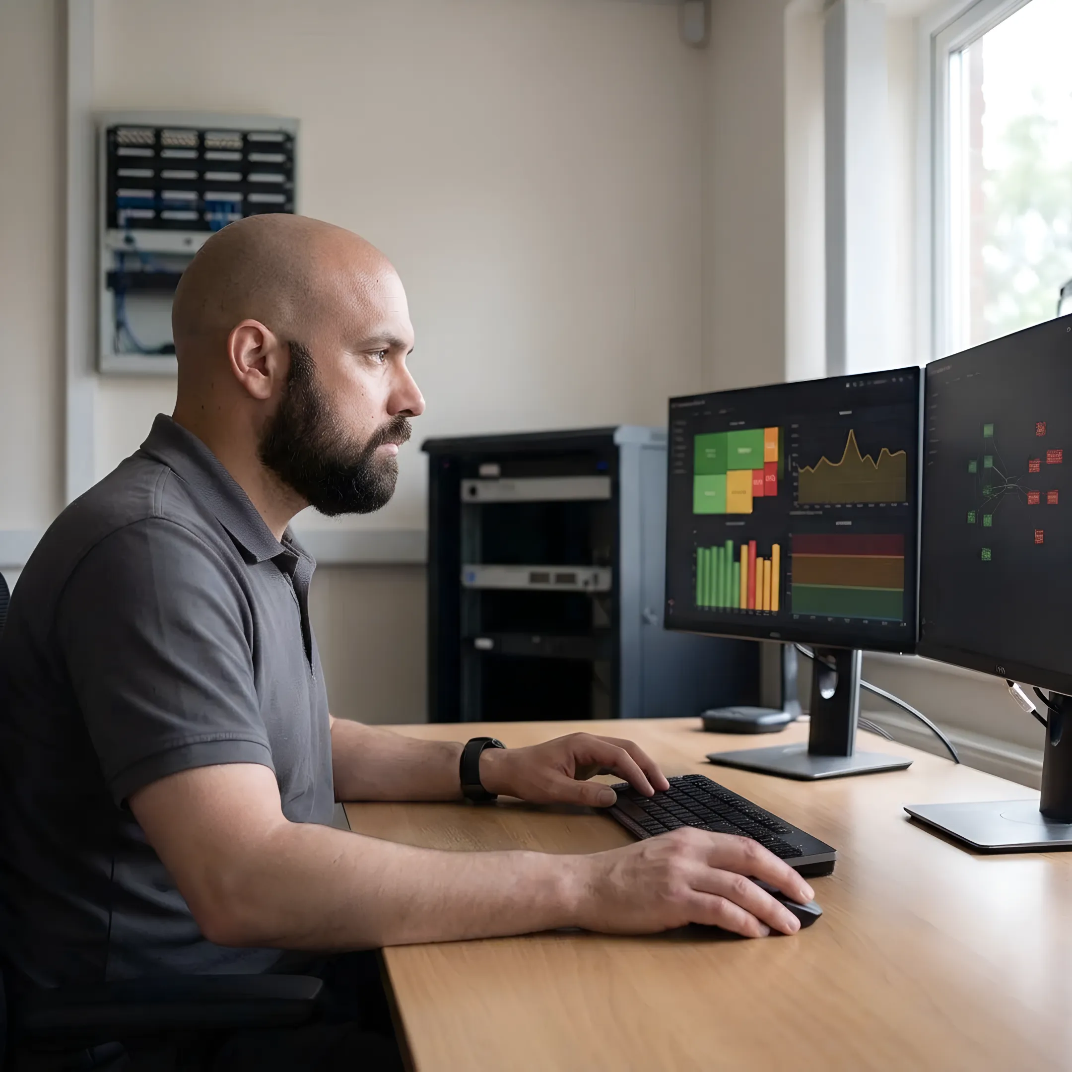 Technician reviewing managed firewall protection for a business network