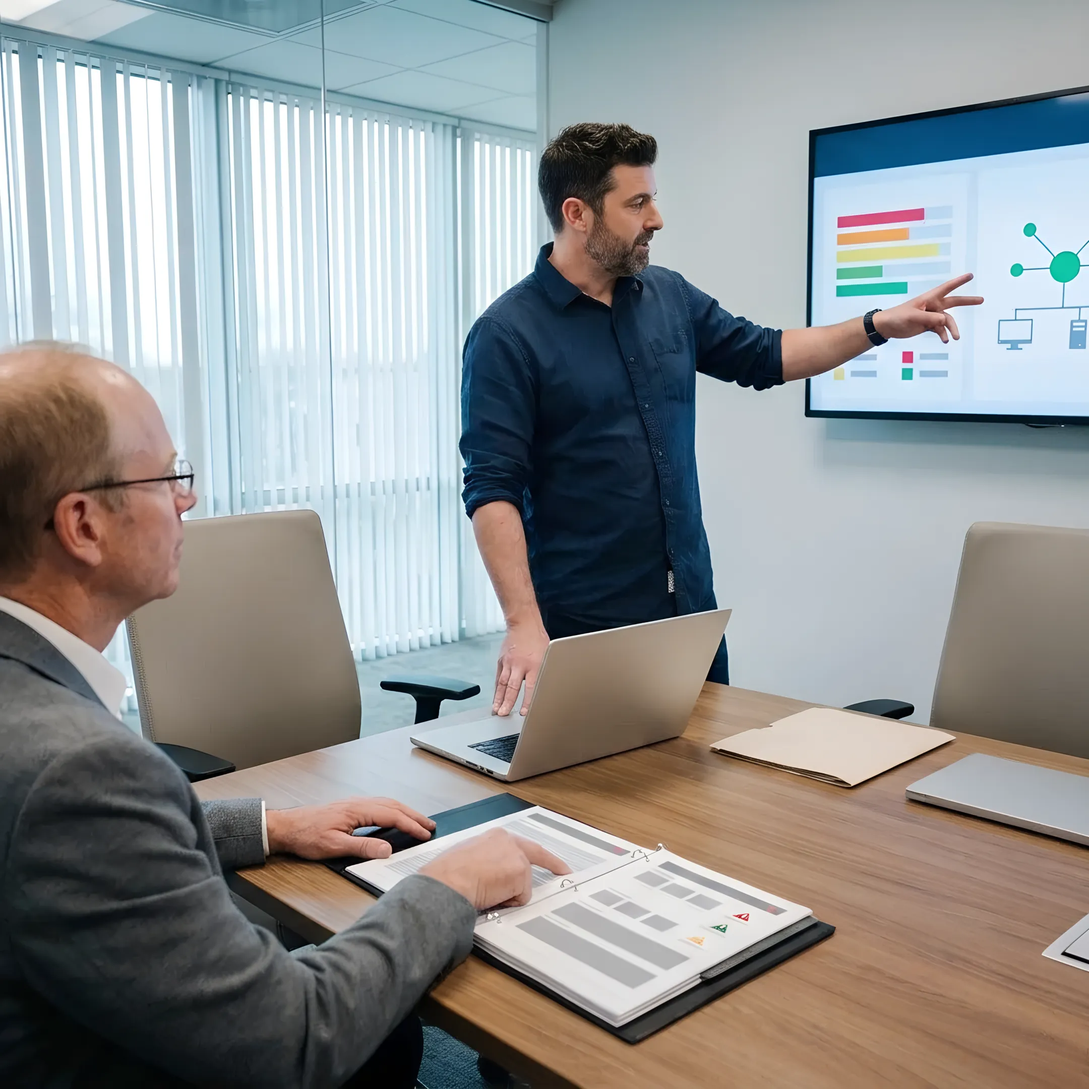 IT security consultant reviewing cybersecurity controls with a business team