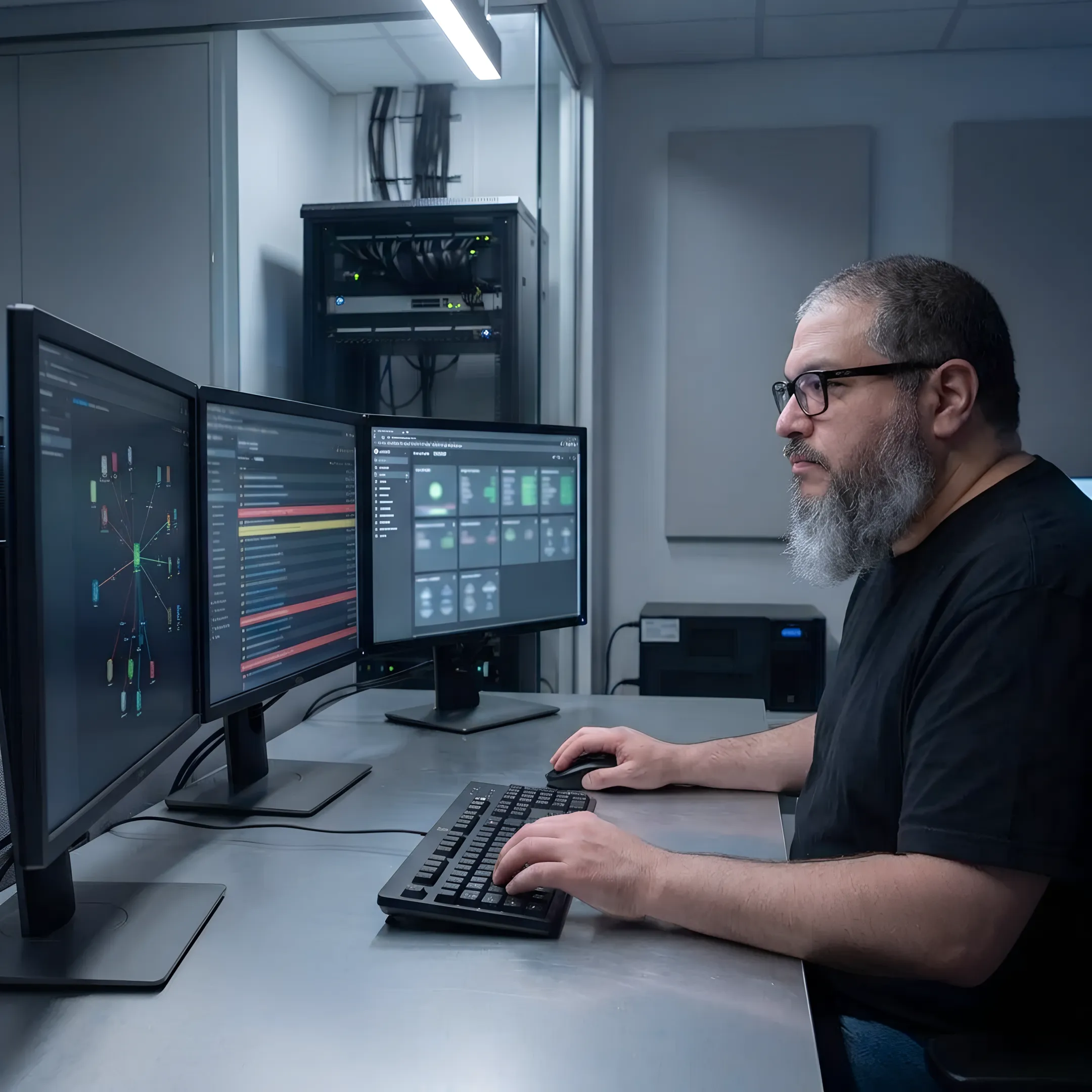 Technician monitoring a business network dashboard