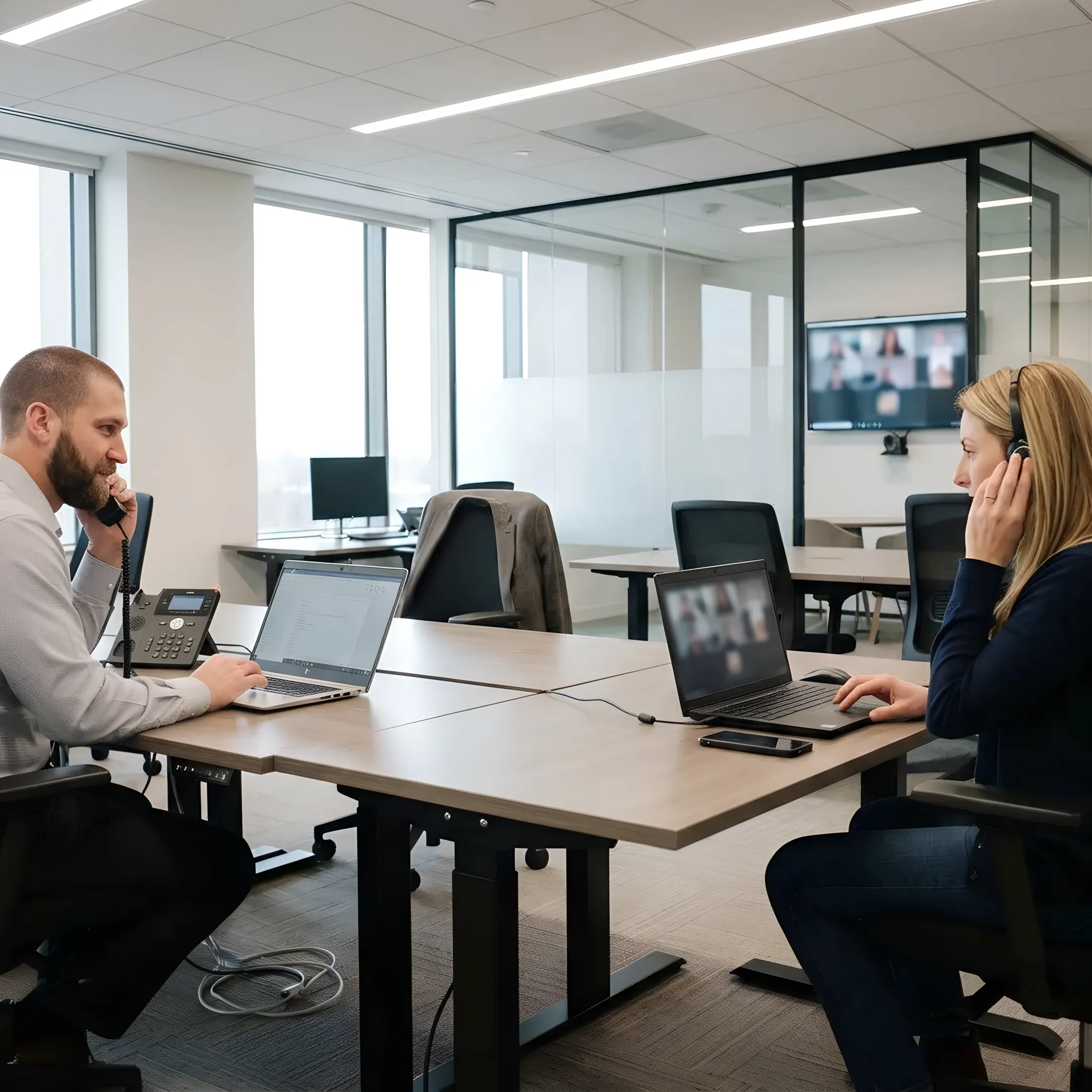 Business team using unified communications and VoIP phones in a modern office