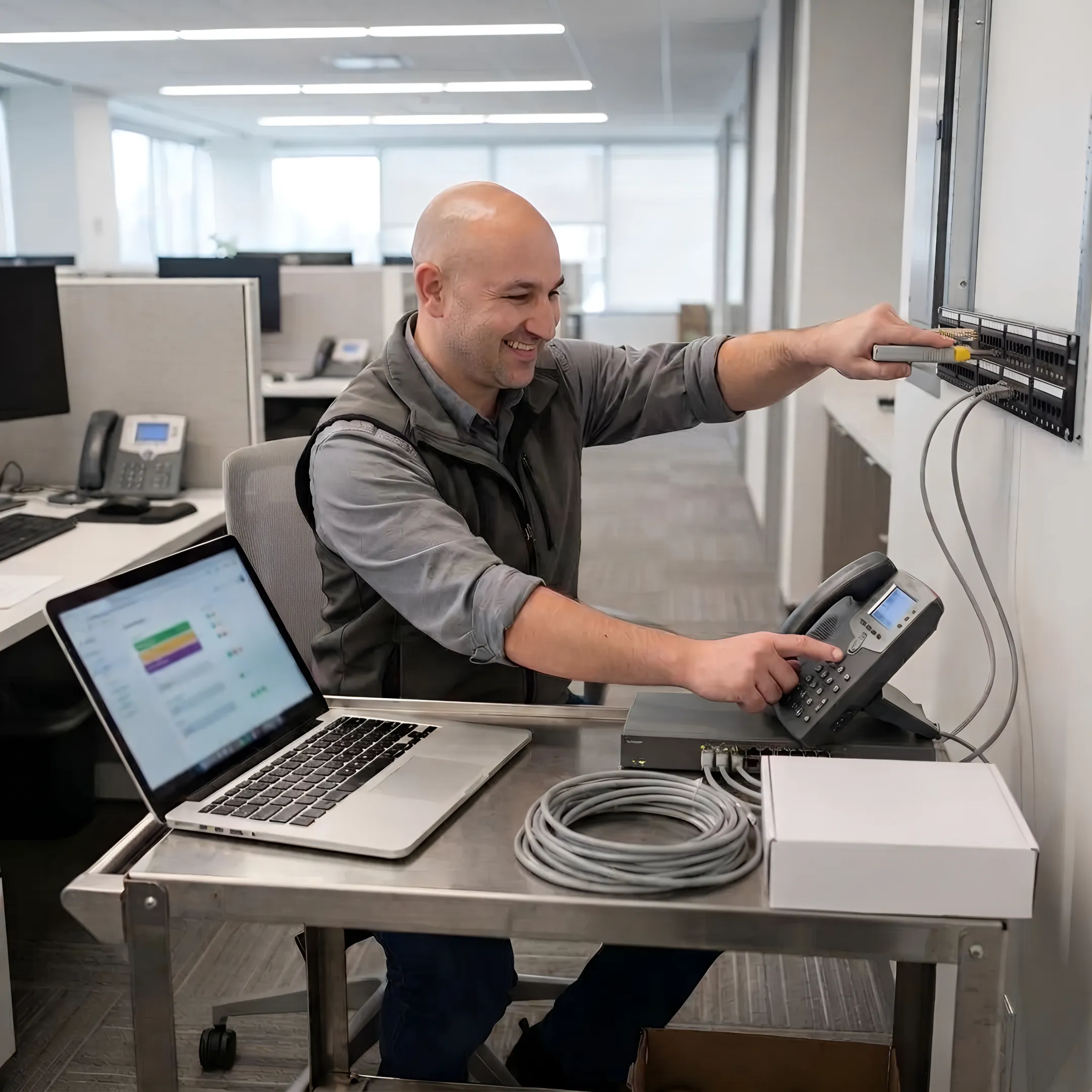 Technician configuring a business VoIP communications system