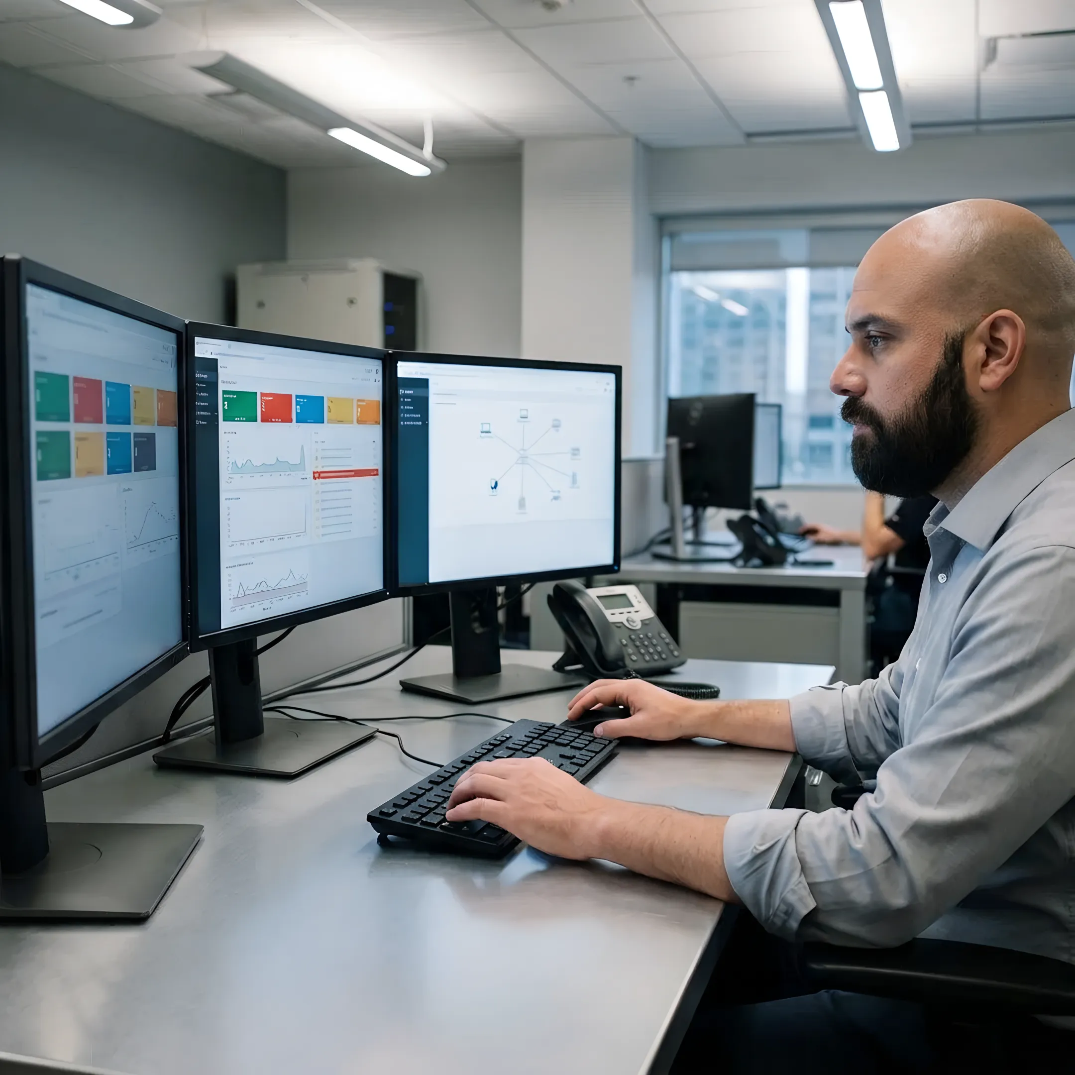 Cybersecurity specialist reviewing protected systems and threat monitoring results